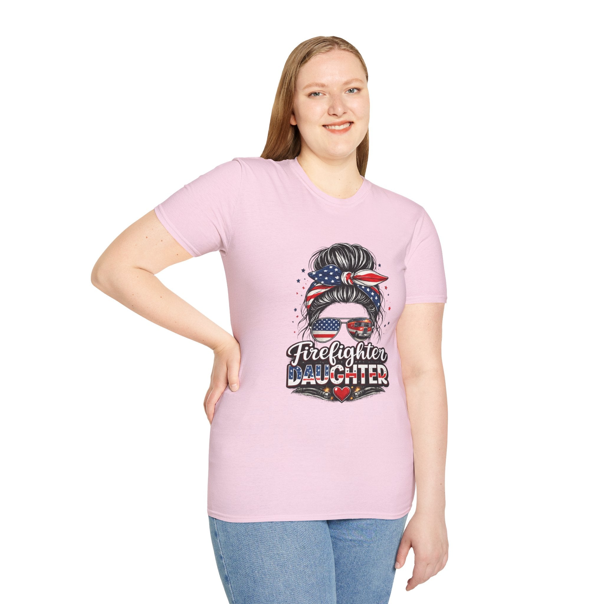 Firefighter Daughter T-Shirt — Patriotic Messy Bun Sunglasses Design