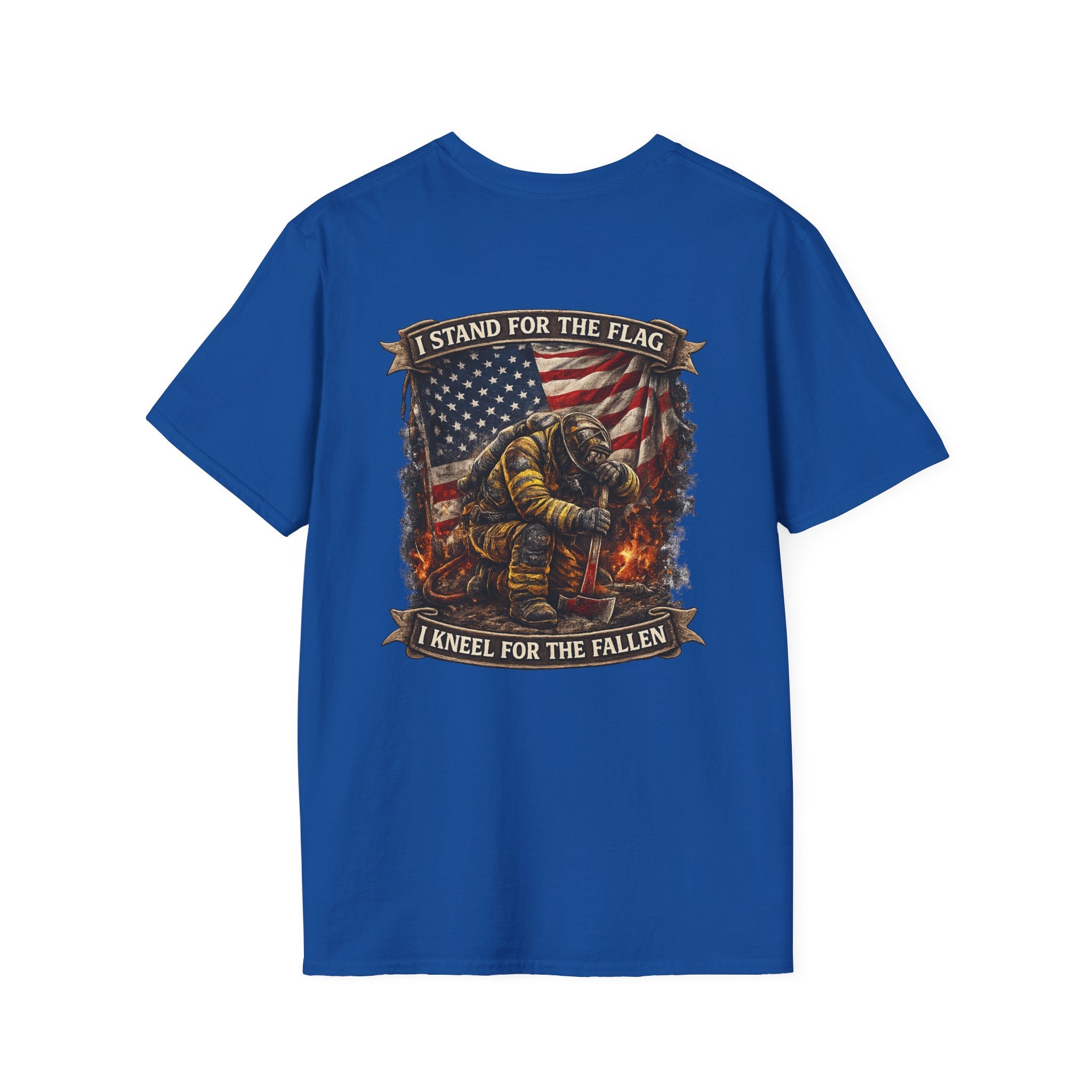Patriotic Firefighter T-Shirt — "I Stand for the Flag, I Kneel for the Fallen"