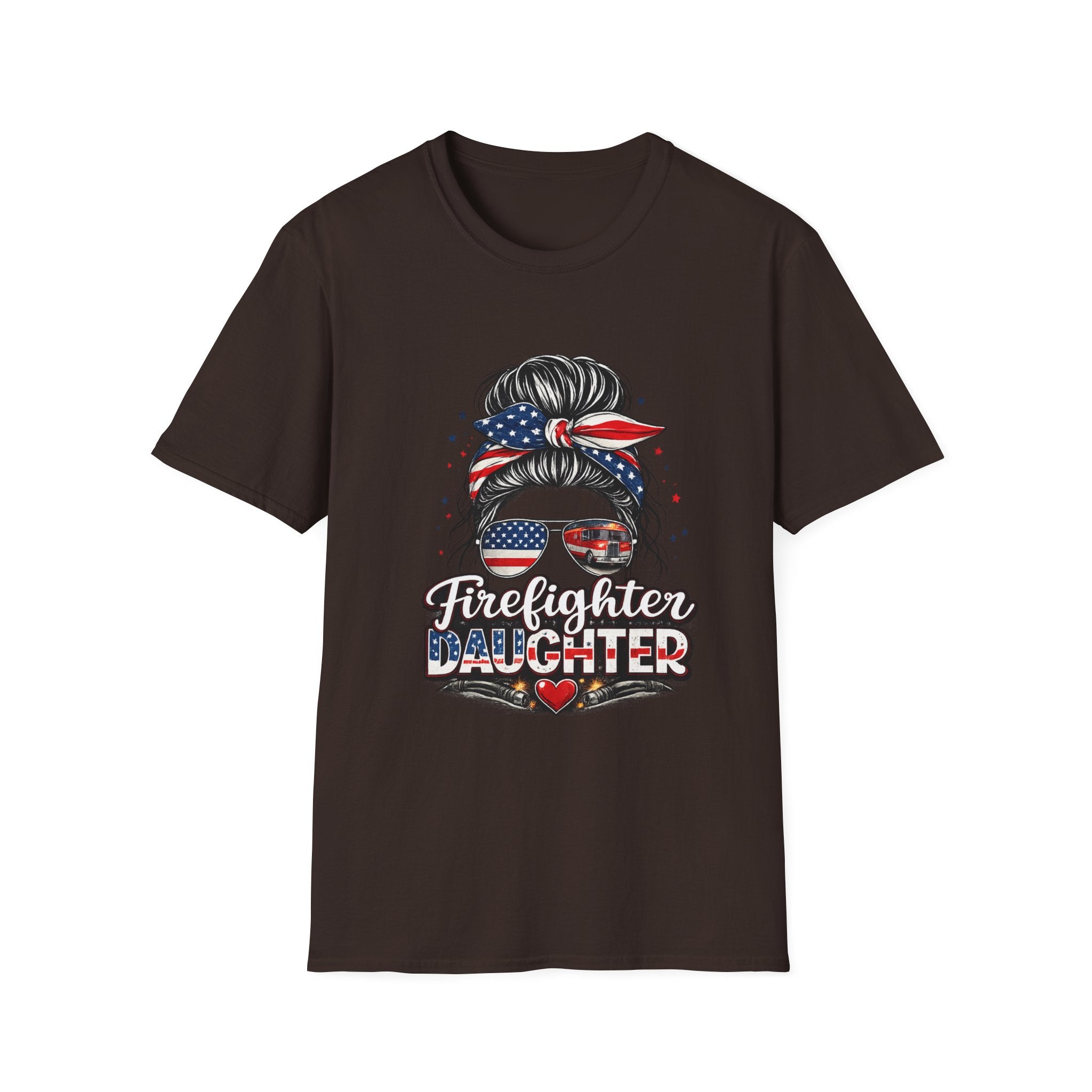 Firefighter Daughter T-Shirt — Patriotic Messy Bun Sunglasses Design