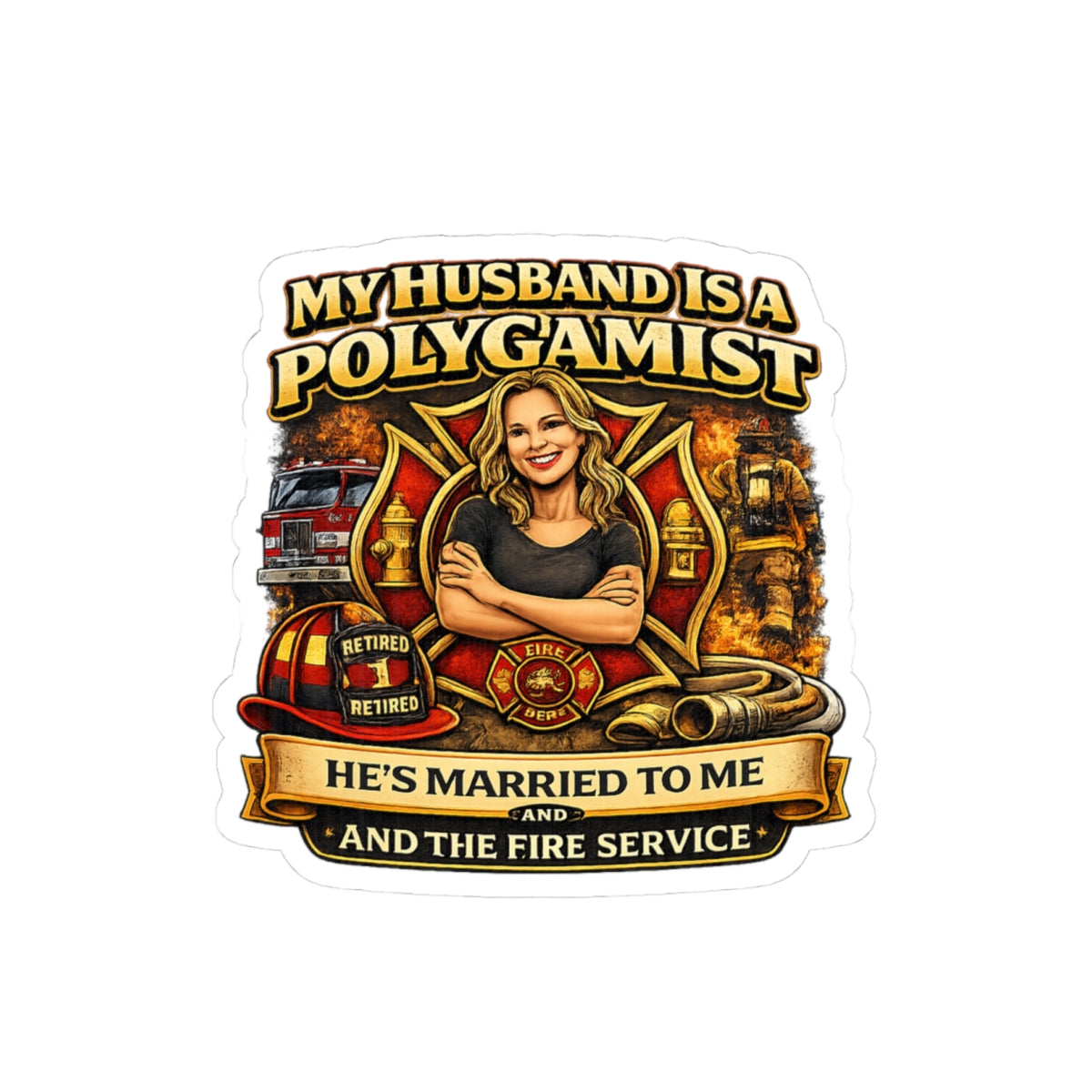 Kiss-Cut Sticker — "My Husband Is A Polygamist" Firefighter Wife Design