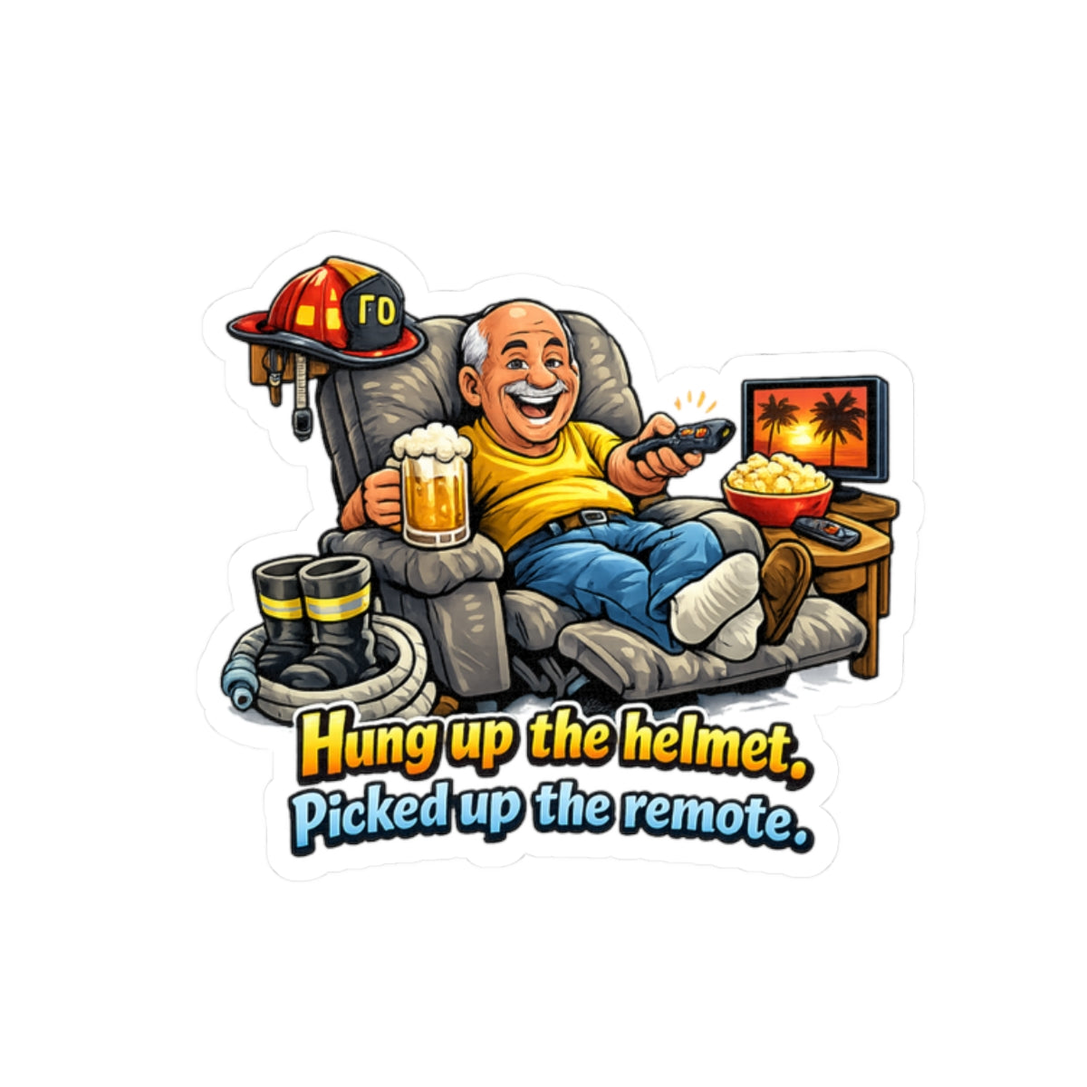 Firefighter Retirement Sticker — "Hung up the Helmet, Picked up the Remote" Kiss-Cut Decal
