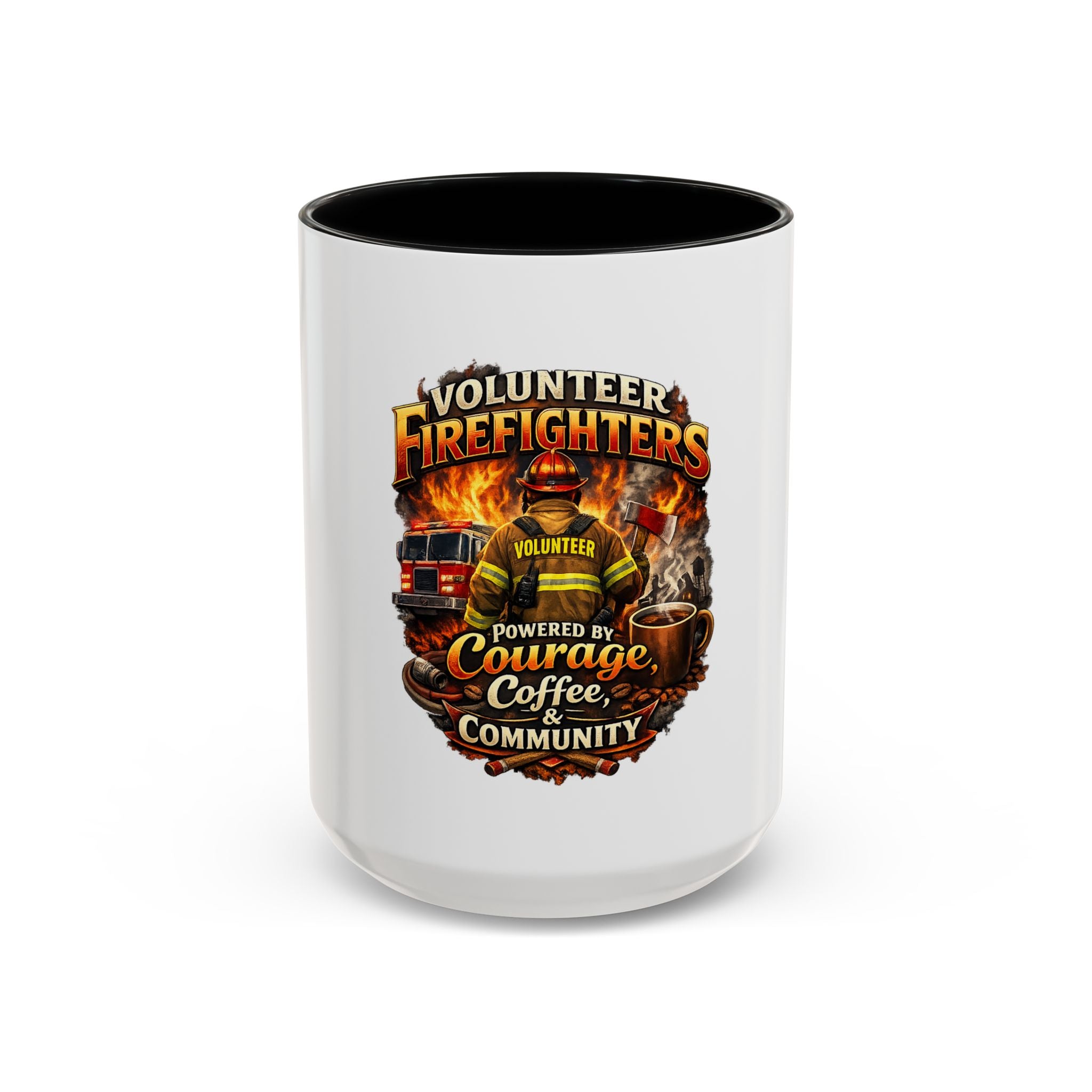 Volunteer Firefighter Coffee Mug — "Powered by Courage, Coffee & Community"