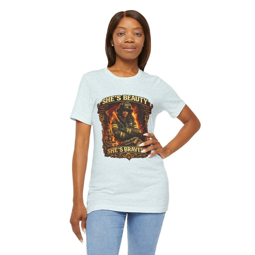 Firefighter Woman Tee - "She's Beauty, She's Bravery" Graphic T-Shirt