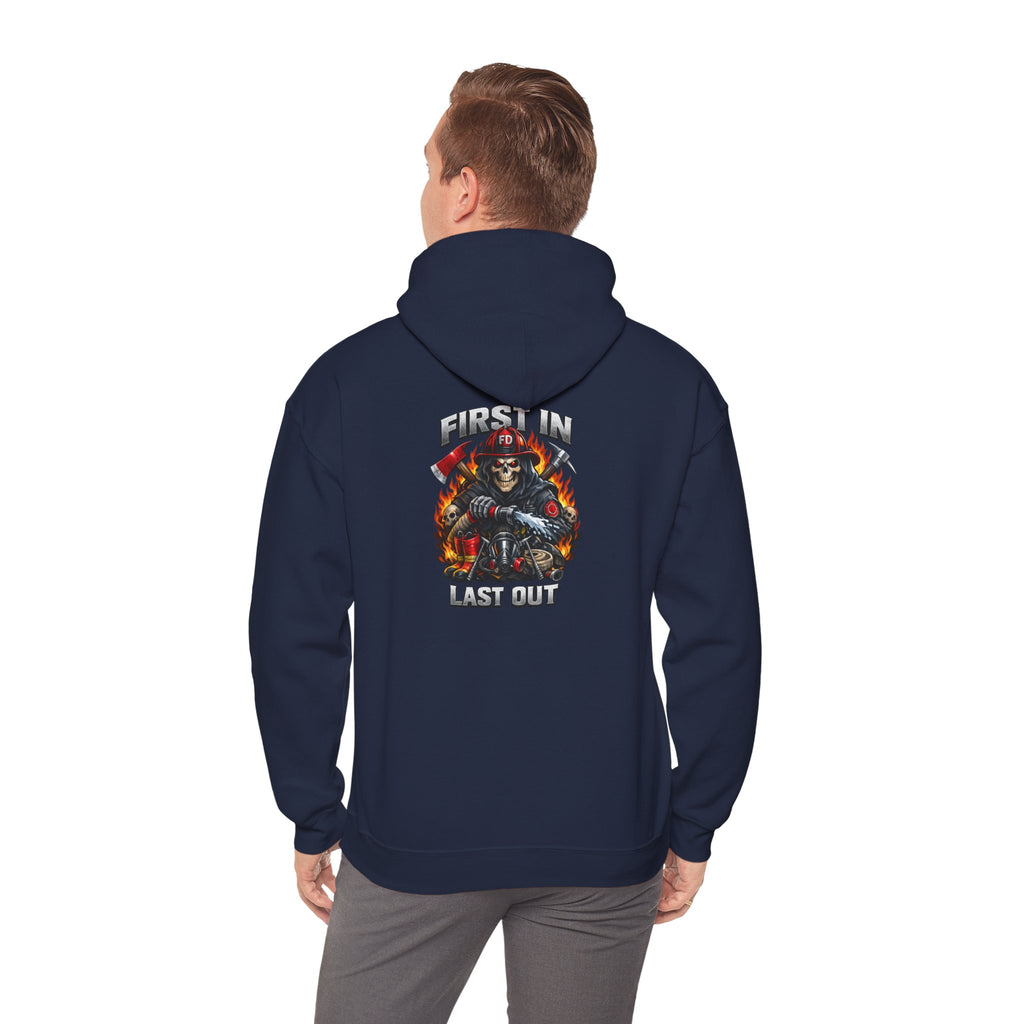 Fireman Skull Hoodie - "Fire In, Last Out" Firefighter Pullover