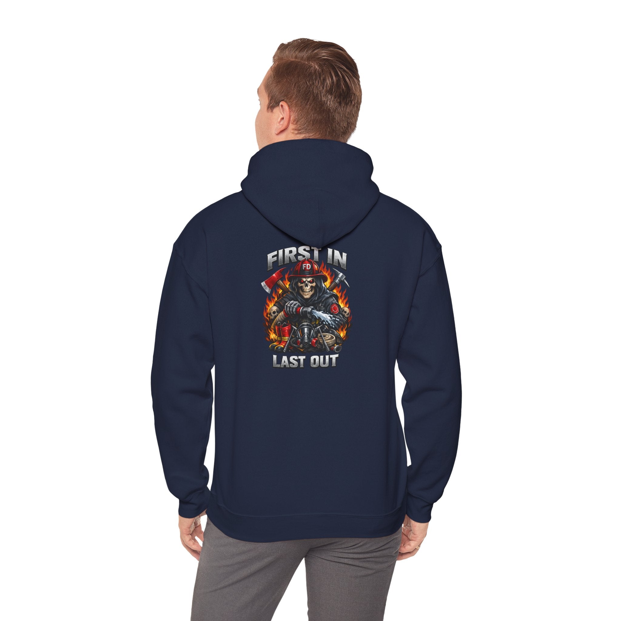 Fireman Skull Hoodie - "Fire In, Last Out" Firefighter Pullover