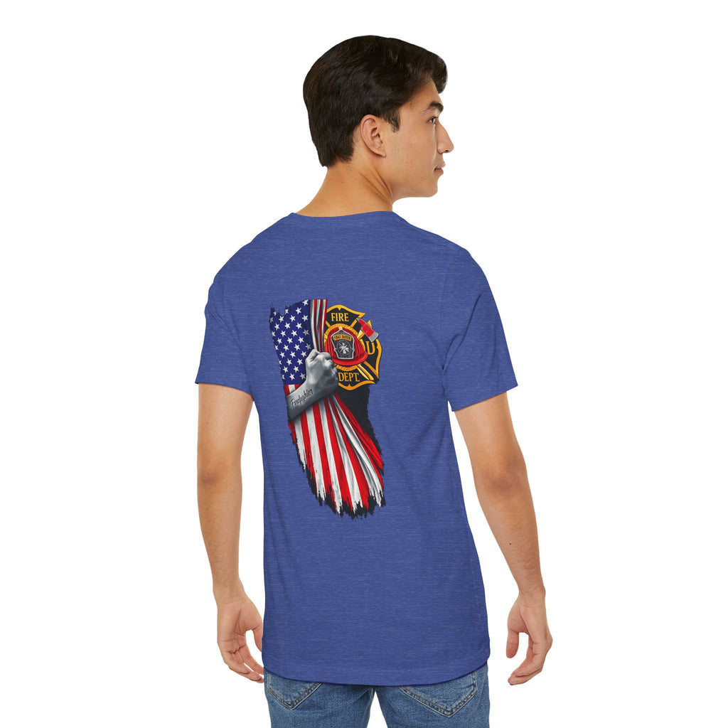 Firefighter Flag T-Shirt — American Flag & Maltese Cross Back Tee
