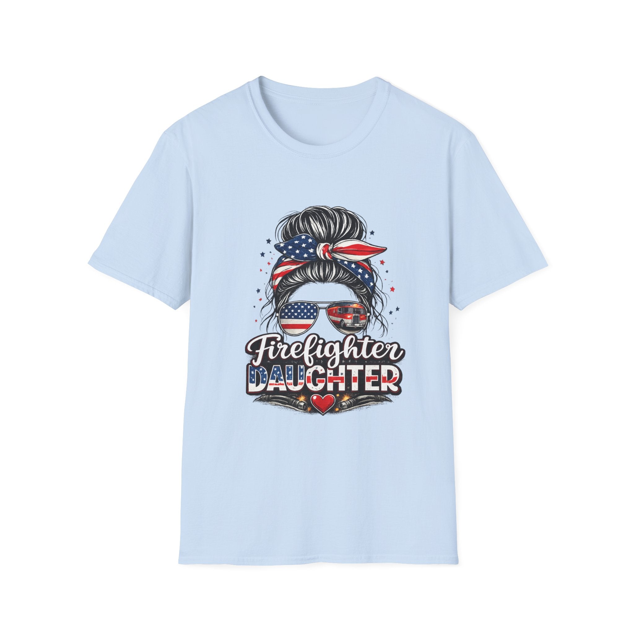 Firefighter Daughter T-Shirt — Patriotic Messy Bun Sunglasses Design