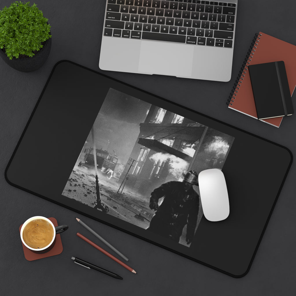 Vintage Firefighter Photo Desk Mat – Retro Black & White Fire Scene Mouse Pad