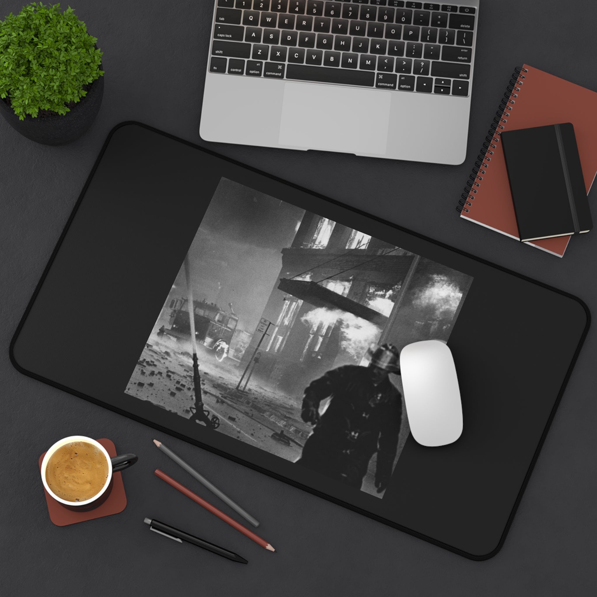 Vintage Firefighter Photo Desk Mat – Retro Black & White Fire Scene Mouse Pad