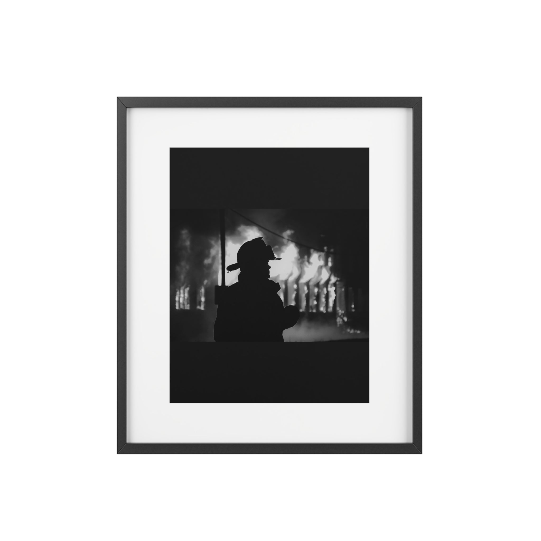 Framed Poster — Silhouette Firefighter Black & White Print