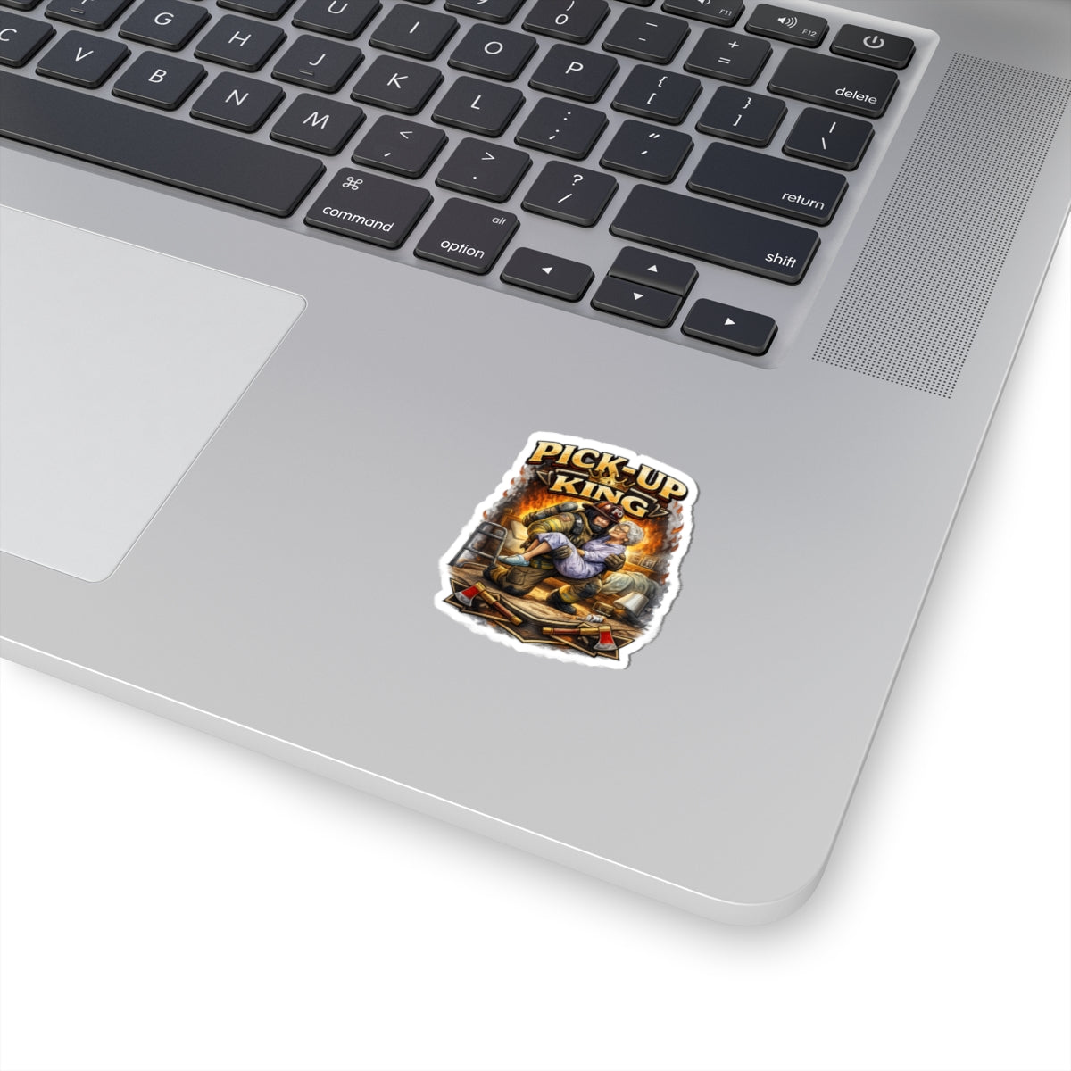 Pick-Up King Sticker — Funny Firefighter Carrying Grandma Kiss-Cut Decal