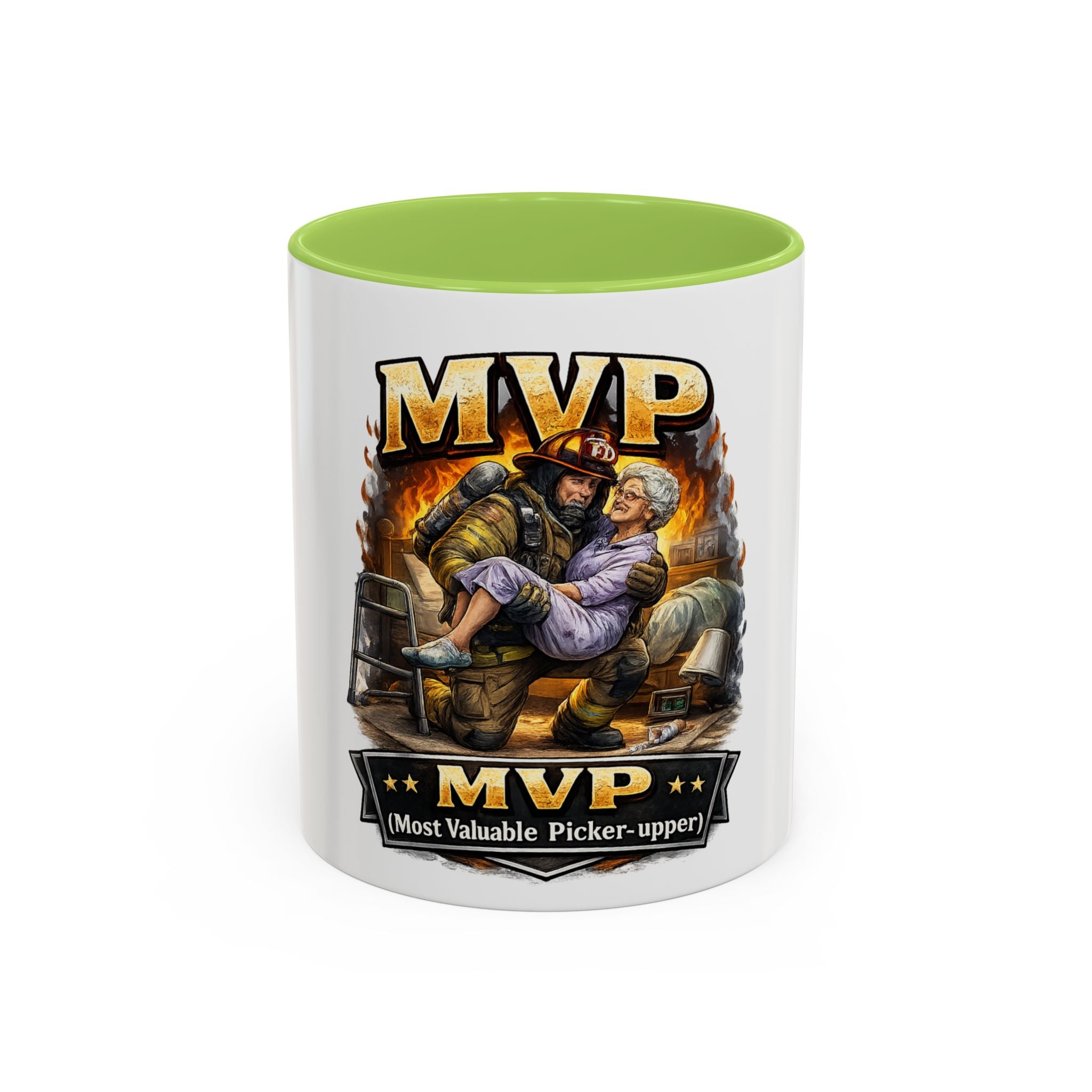MVP Coffee Mug — "Most Valuable Picker-Upper" Firefighter Rescue Design (11/15 oz)