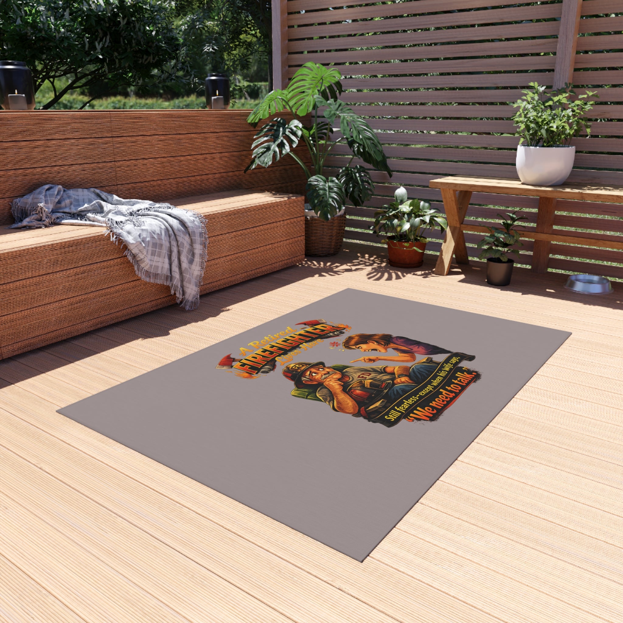 Outdoor Rug — "A Retired Firefighter Lives Here" Funny Patriotic Welcome Mat