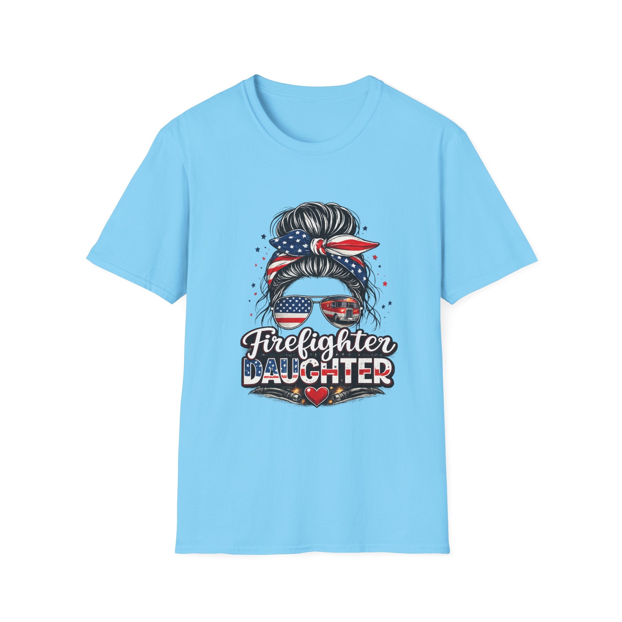 Firefighter Daughter T-Shirt — Patriotic Messy Bun Sunglasses Design