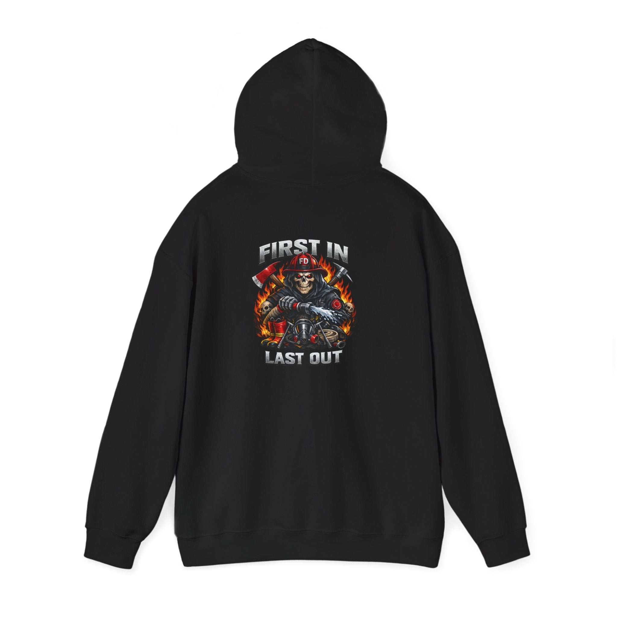 Fireman Skull Hoodie - "Fire In, Last Out" Firefighter Pullover