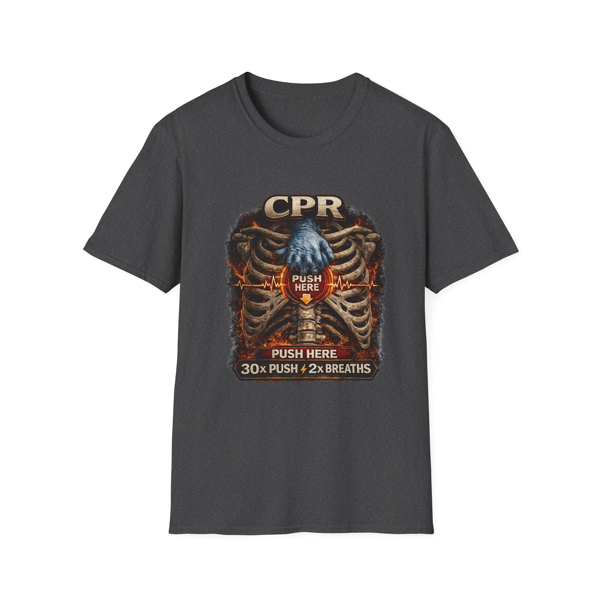 CPR Instruction T-Shirt — Ribcage Graphic with "Push Here: 30x Push + 2x Breaths"