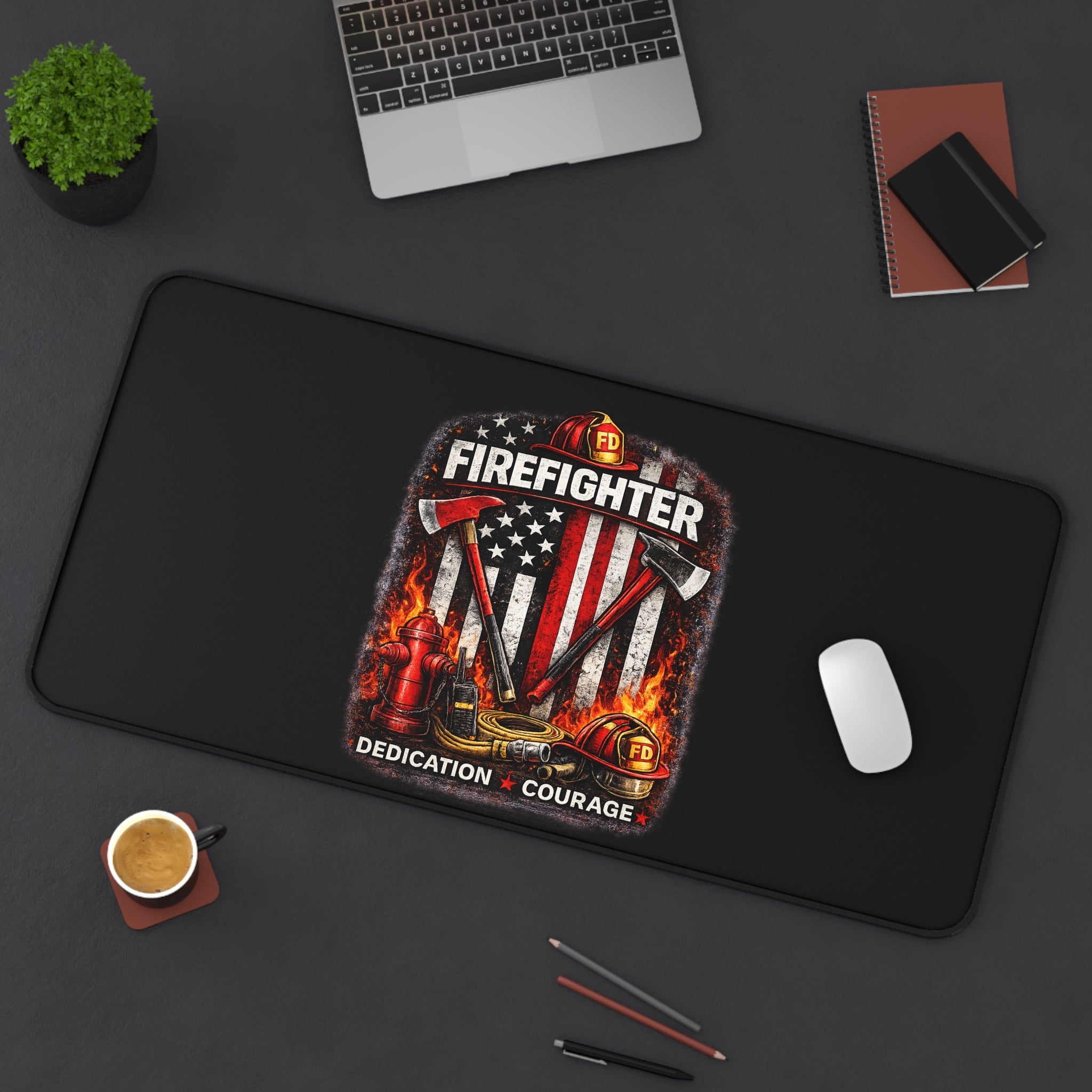 Firefighter Tribute Desk Mat – 'Firefighter: Dedication • Courage' Patriotic Flame Design