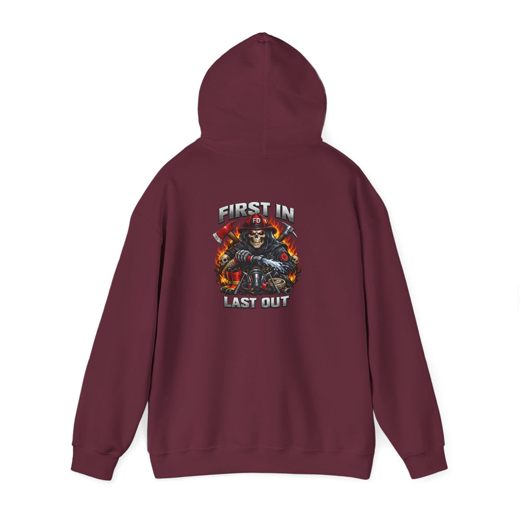 Fireman Skull Hoodie - "Fire In, Last Out" Firefighter Pullover