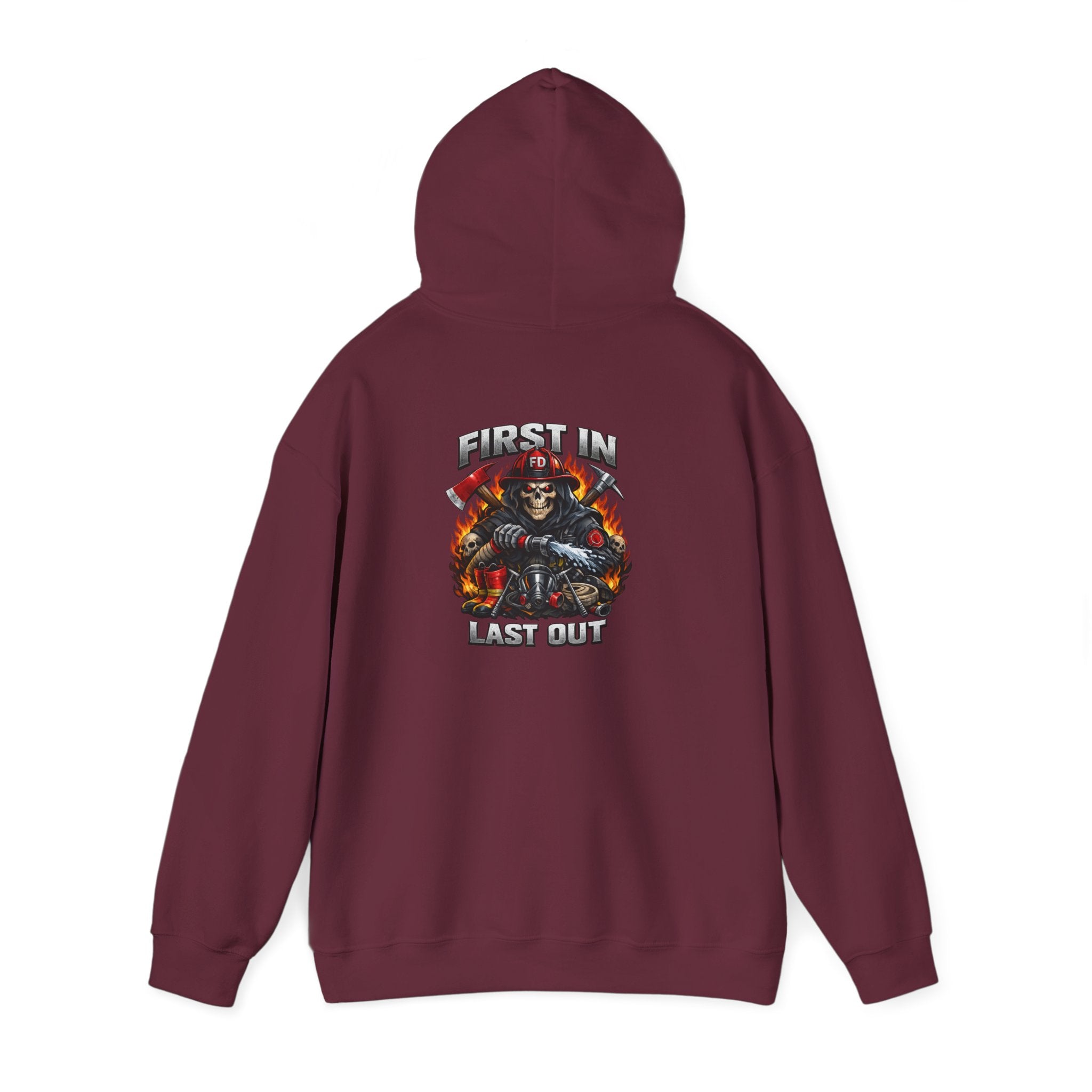 Fireman Skull Hoodie - "Fire In, Last Out" Firefighter Pullover