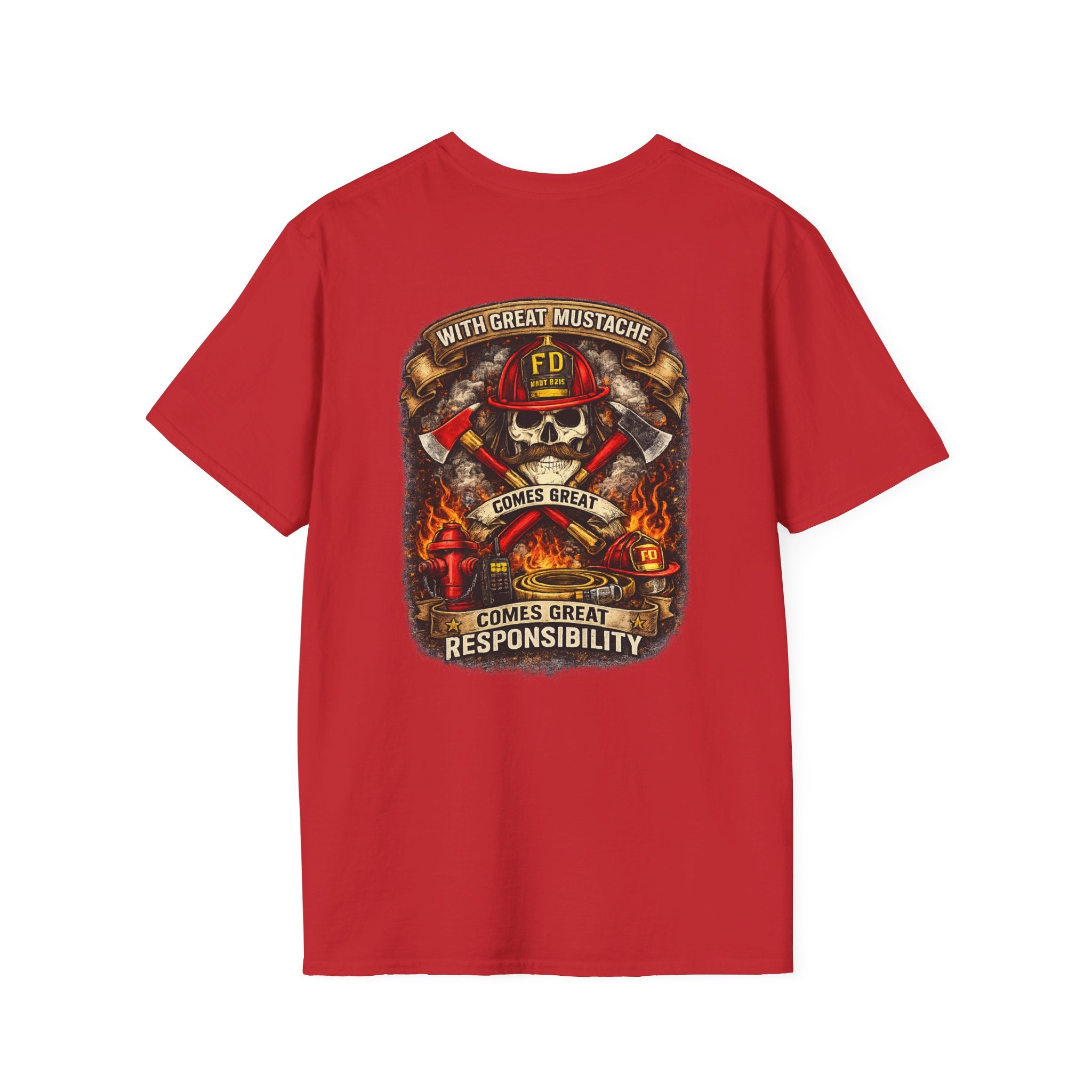 Firefighter Skull T-Shirt — “With Great Mustache Comes Great Responsibility” Graphic Tee