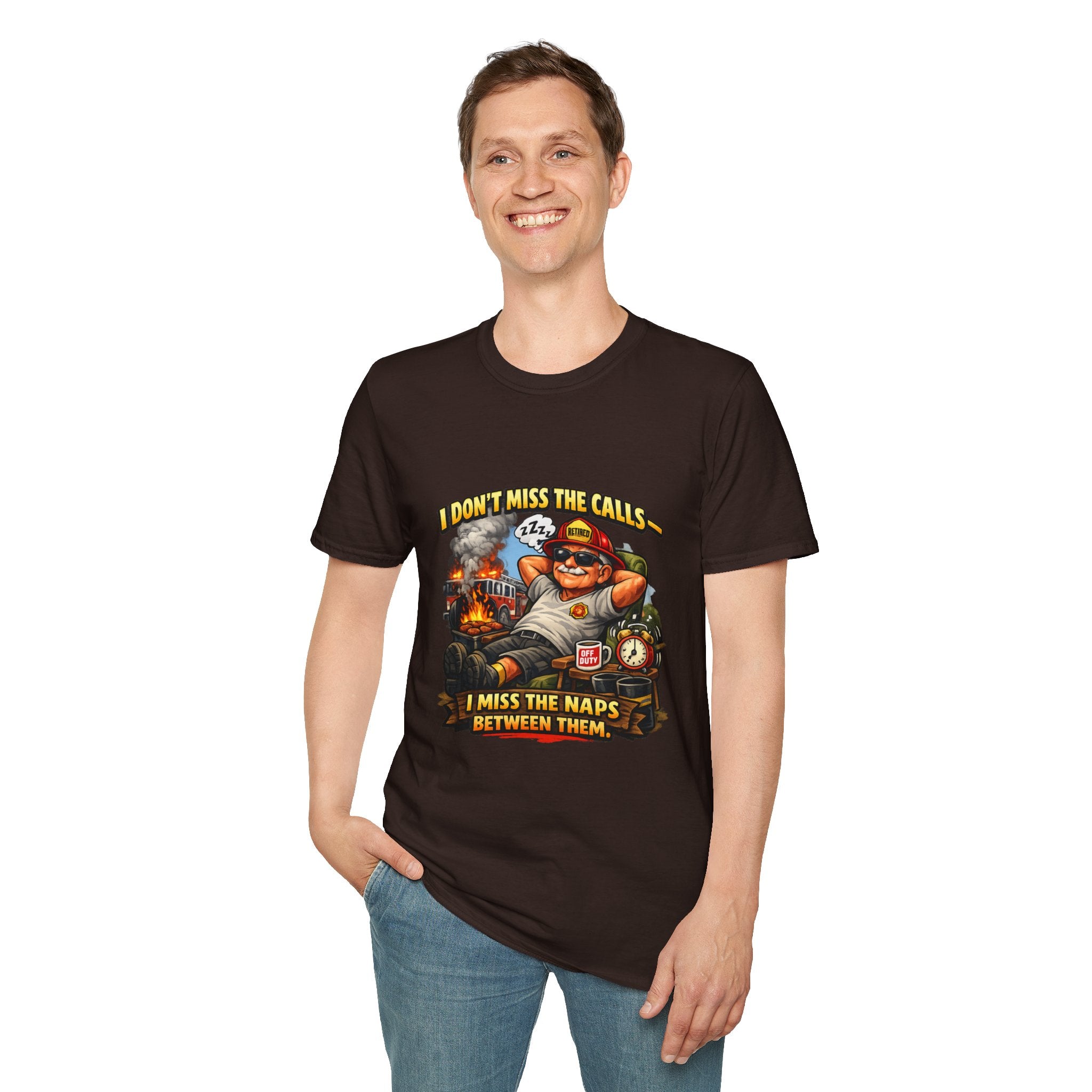 Firefighter Nap Humor T-Shirt — "I Don't Miss The Calls, I Miss The Naps Between Them"