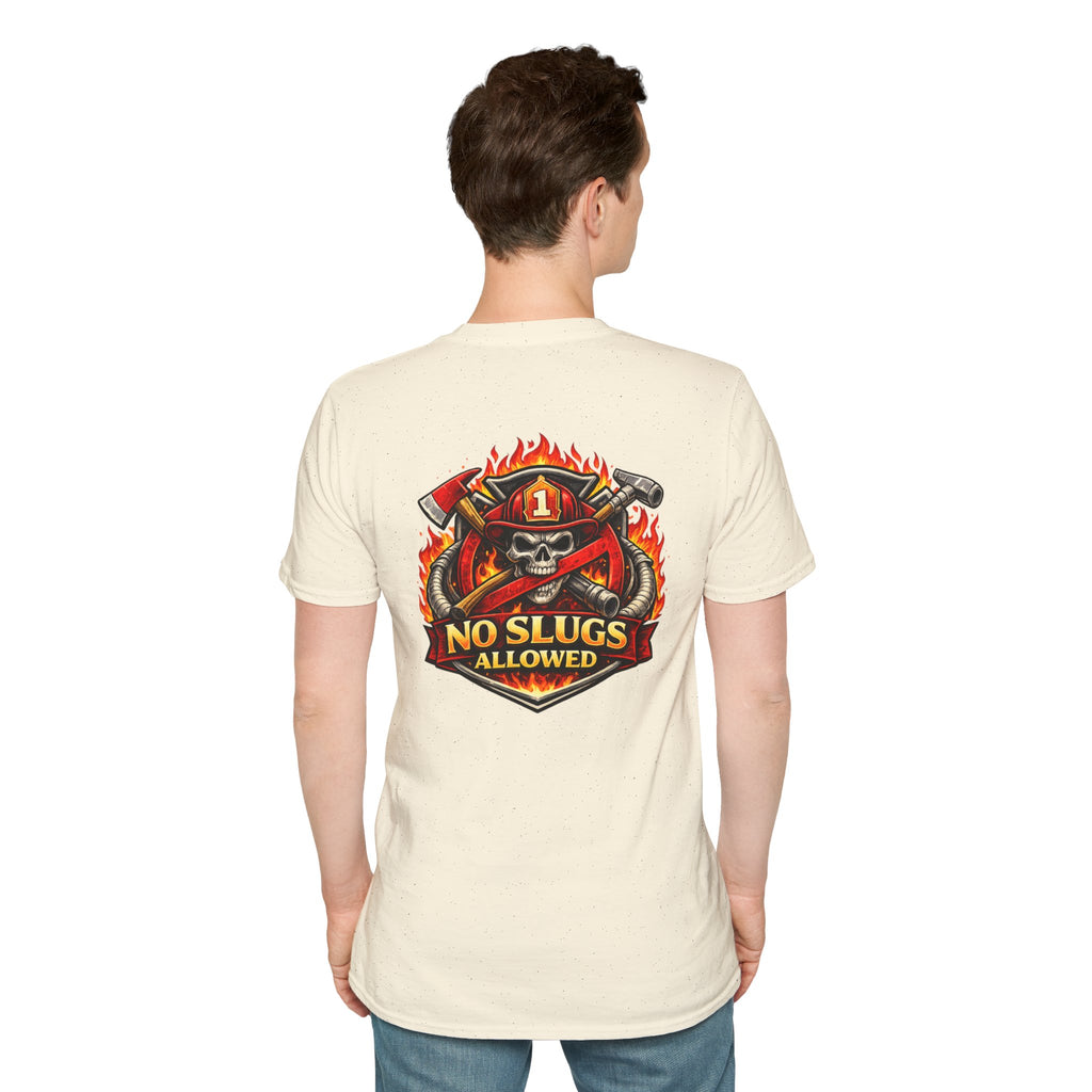 Firefighter Skull T-Shirt — "No Slugs Allowed" Graphic Tee