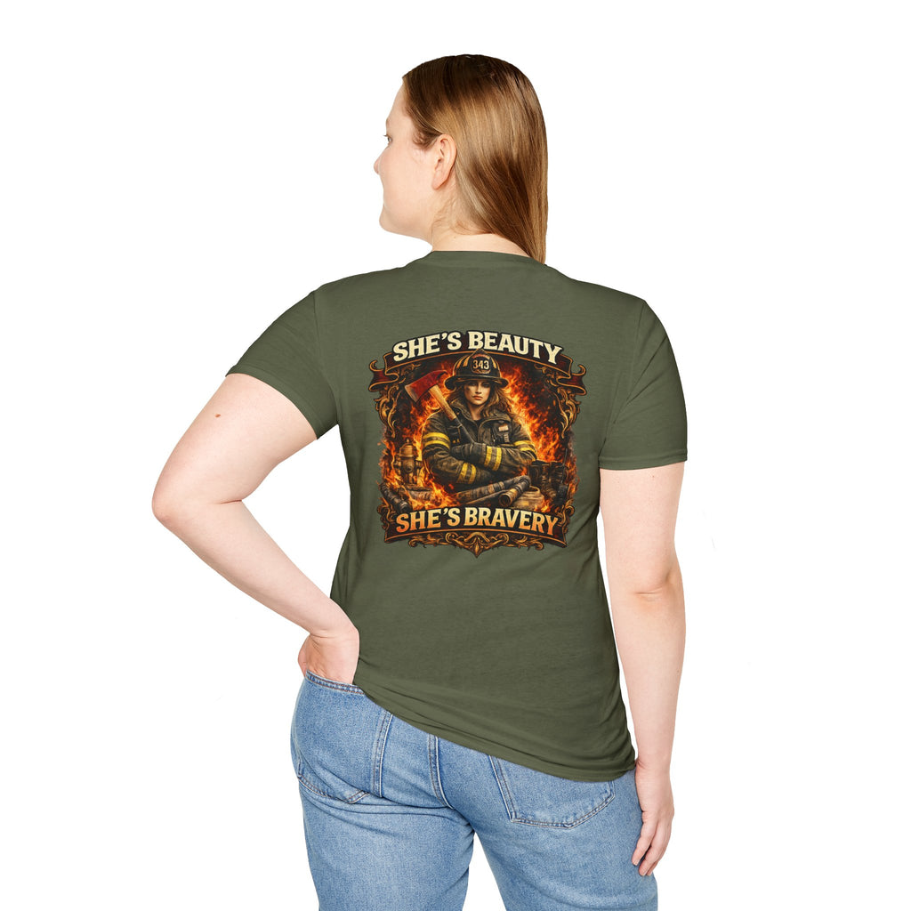 Firefighter T-Shirt – "She's Beauty, She's Bravery" Graphic Tee