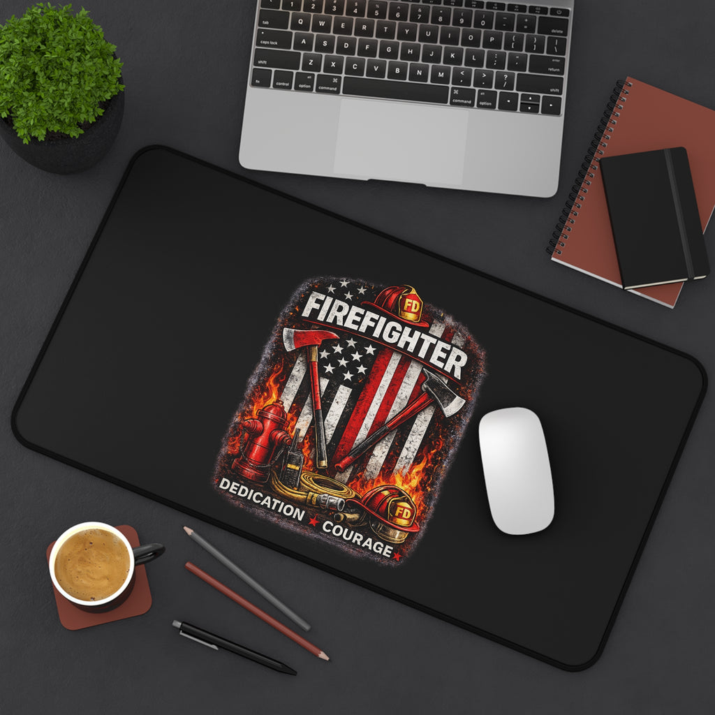 Firefighter Tribute Desk Mat – 'Firefighter: Dedication • Courage' Patriotic Flame Design