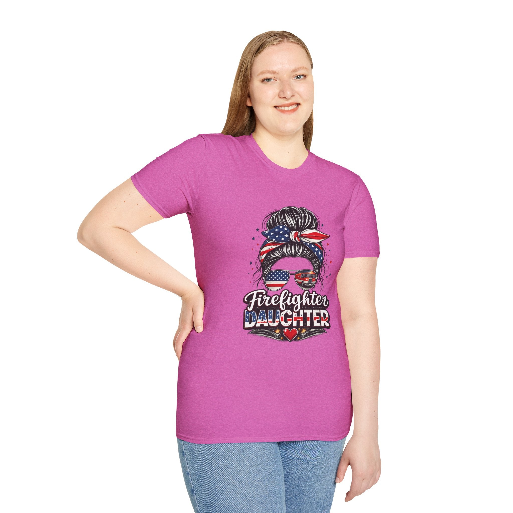 Firefighter Daughter T-Shirt — Patriotic Messy Bun Sunglasses Design