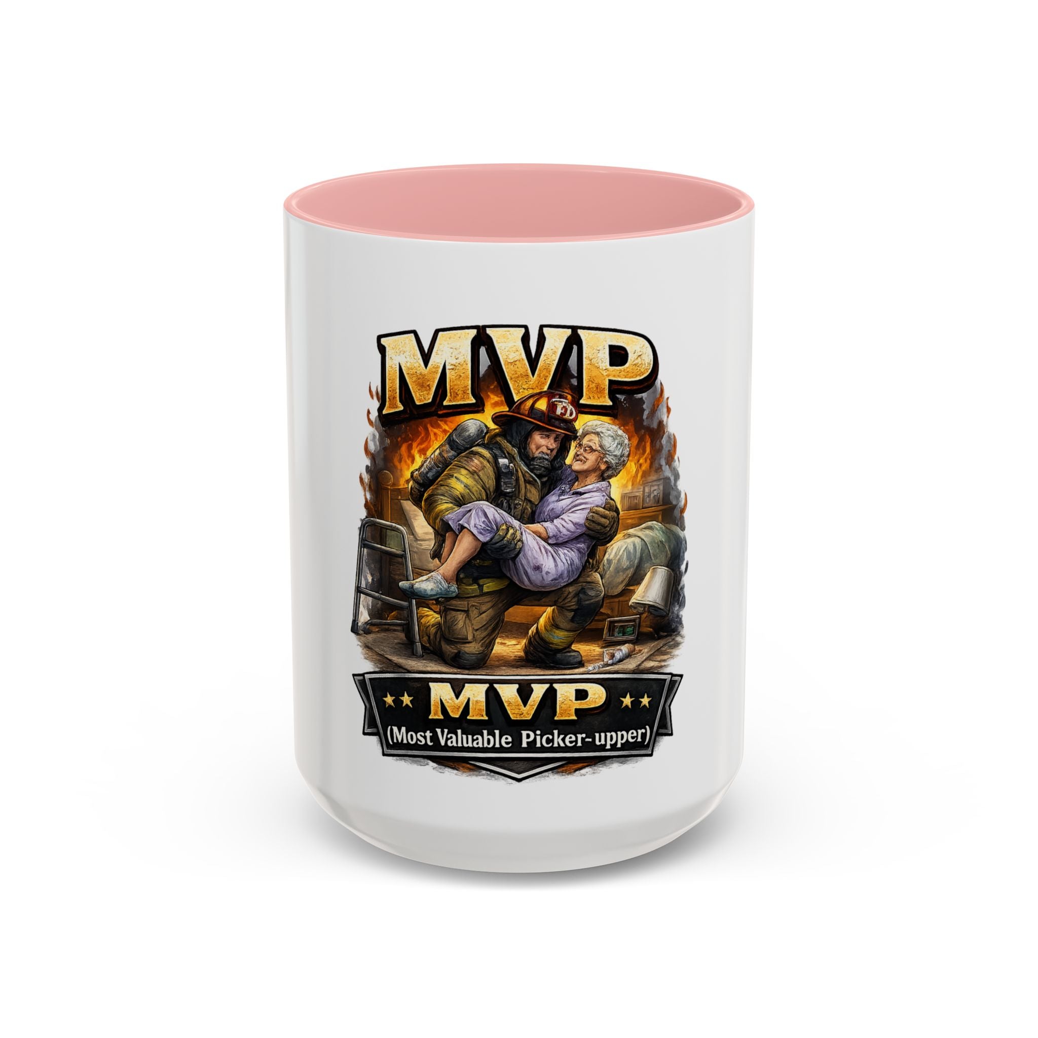 MVP Coffee Mug — "Most Valuable Picker-Upper" Firefighter Rescue Design (11/15 oz)