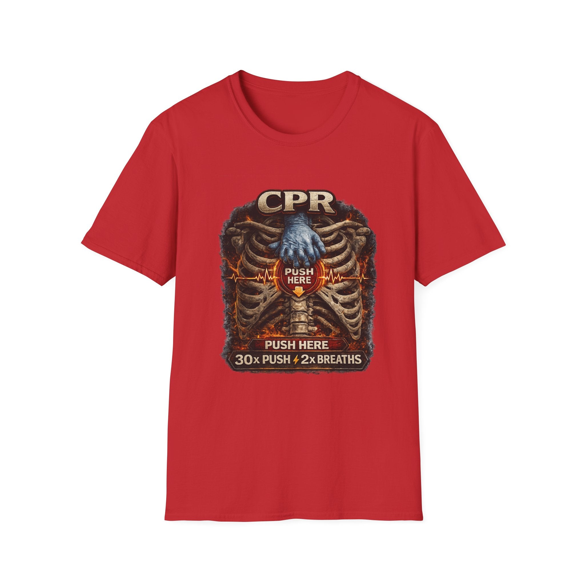 CPR Instruction T-Shirt — Ribcage Graphic with "Push Here: 30x Push + 2x Breaths"