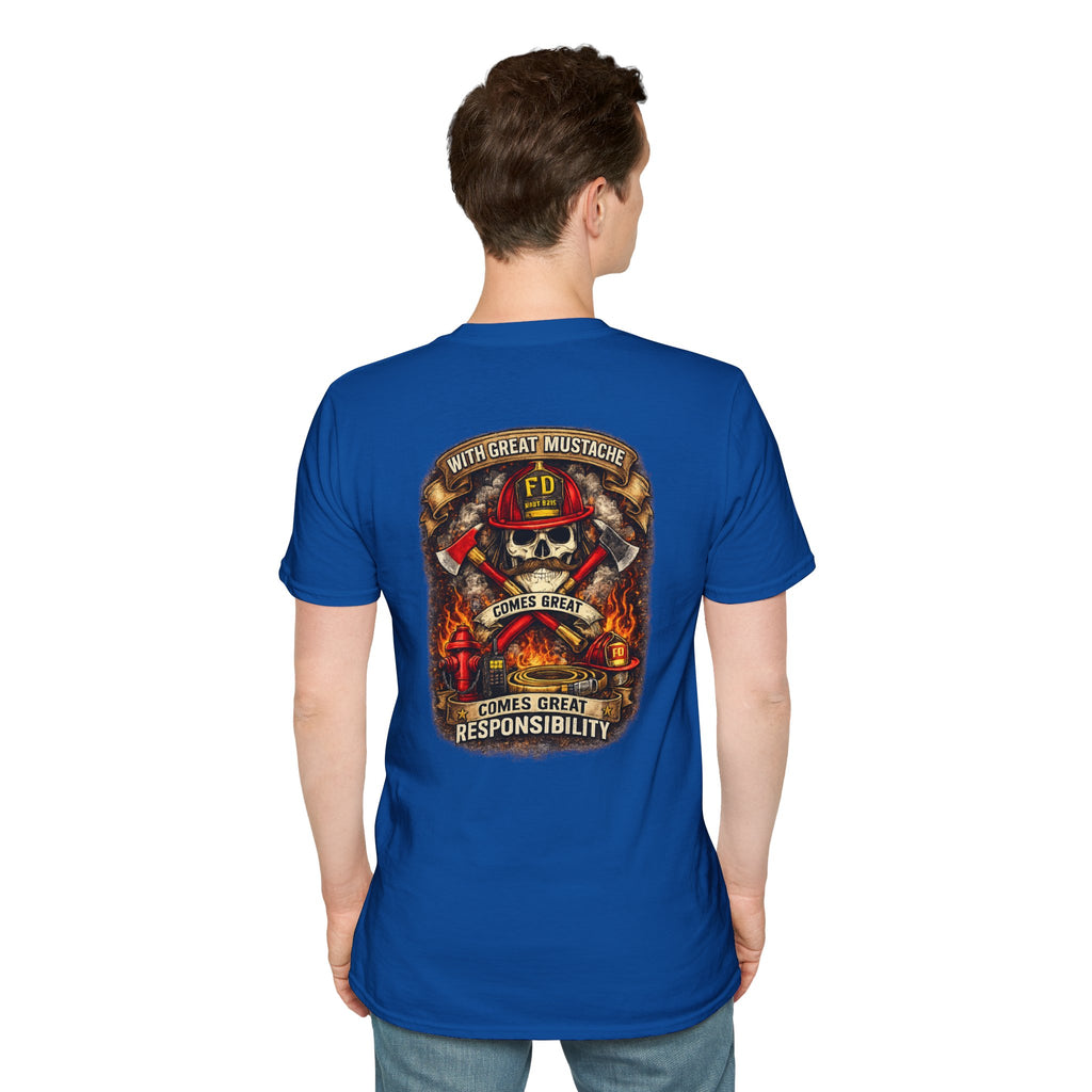 Firefighter Skull T-Shirt — “With Great Mustache Comes Great Responsibility” Graphic Tee