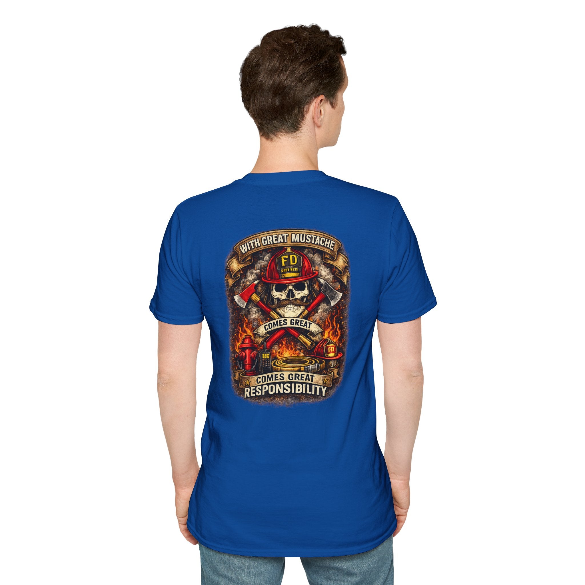 Firefighter Skull T-Shirt — “With Great Mustache Comes Great Responsibility” Graphic Tee