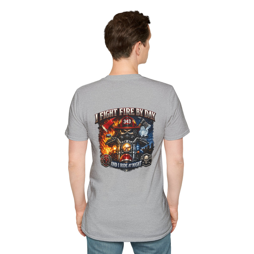 Firefighter T-Shirt — "I Fight Fire By Day and I Ride At Night" Graphic Tee
