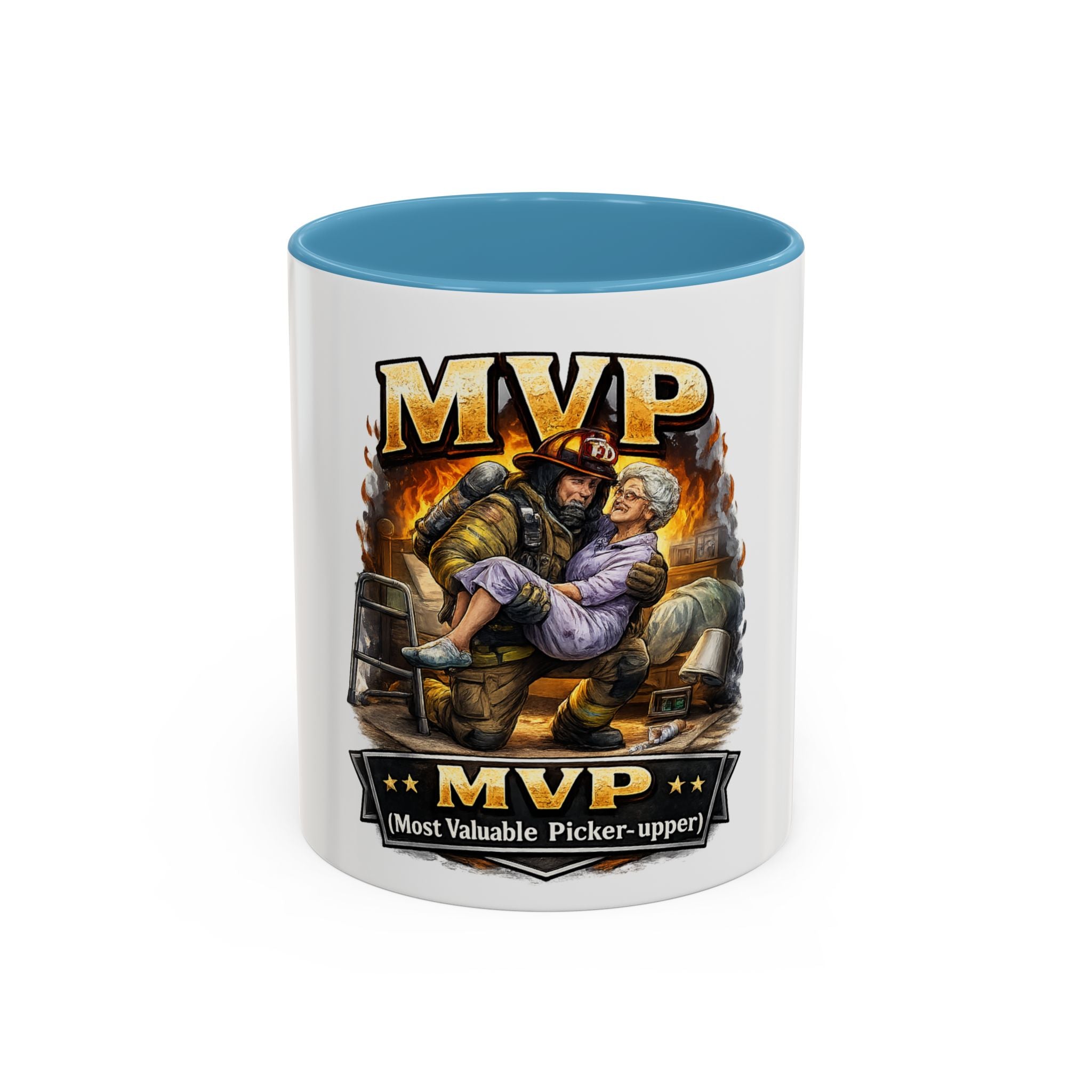 MVP Coffee Mug — "Most Valuable Picker-Upper" Firefighter Rescue Design (11/15 oz)