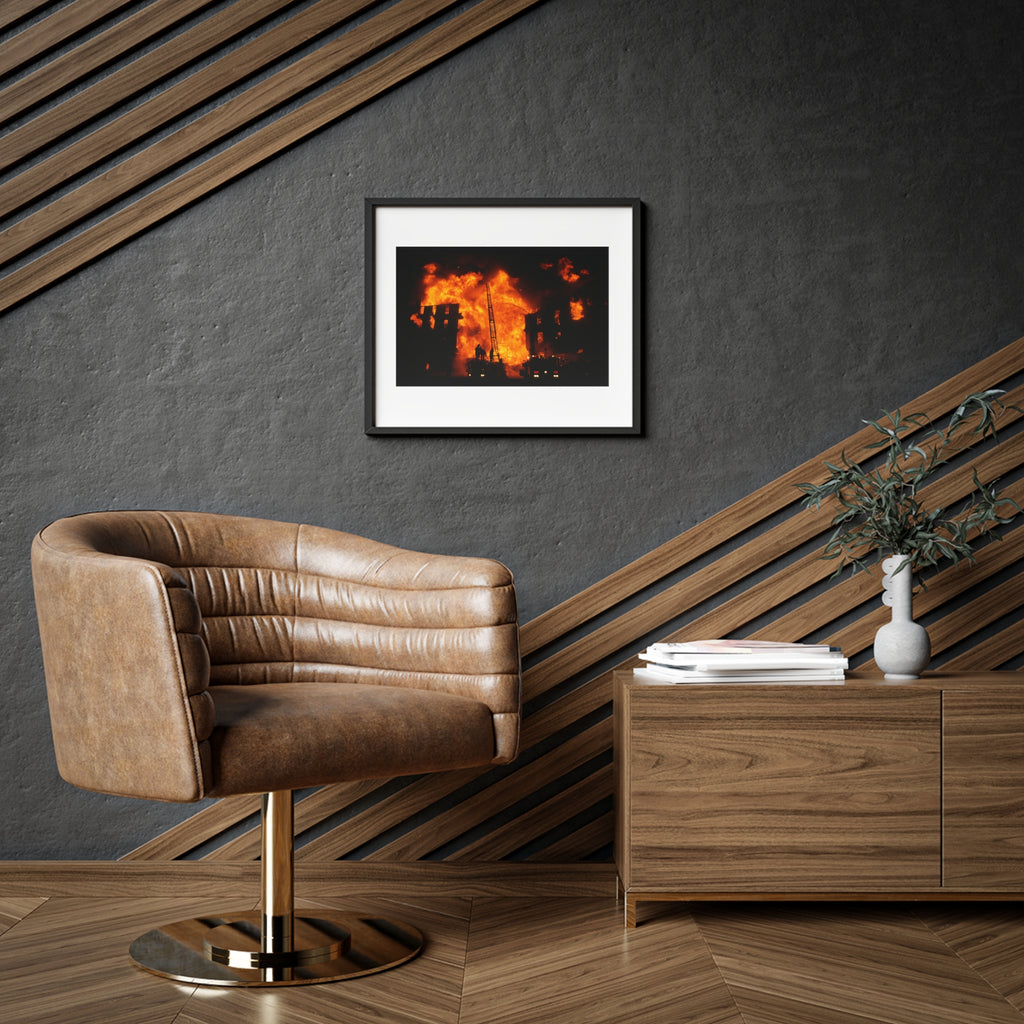 Firefighter Wall Art — Dramatic Building Fire Framed Poster (Matte)