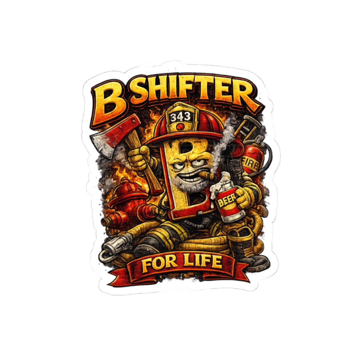 B Shifter For Life Kiss-Cut Sticker — Firefighter Axe & Beer Cartoon Decal