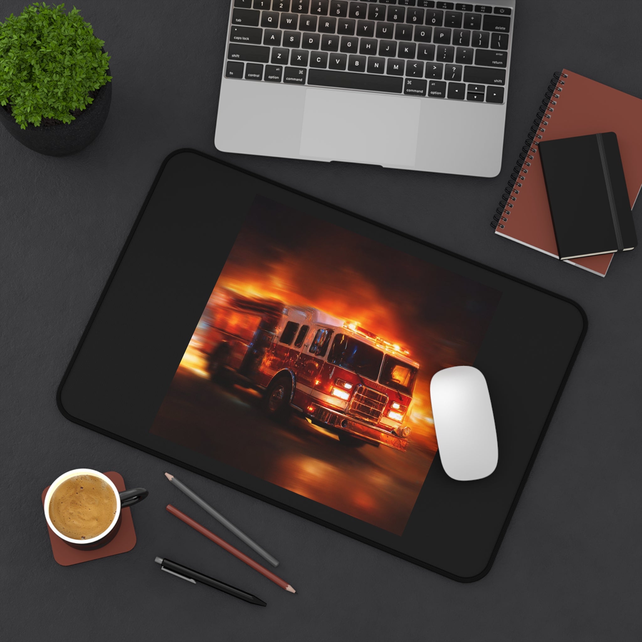 Firefighter Fire Engine Desk Mat — Emergency Truck Gaming Mouse Pad