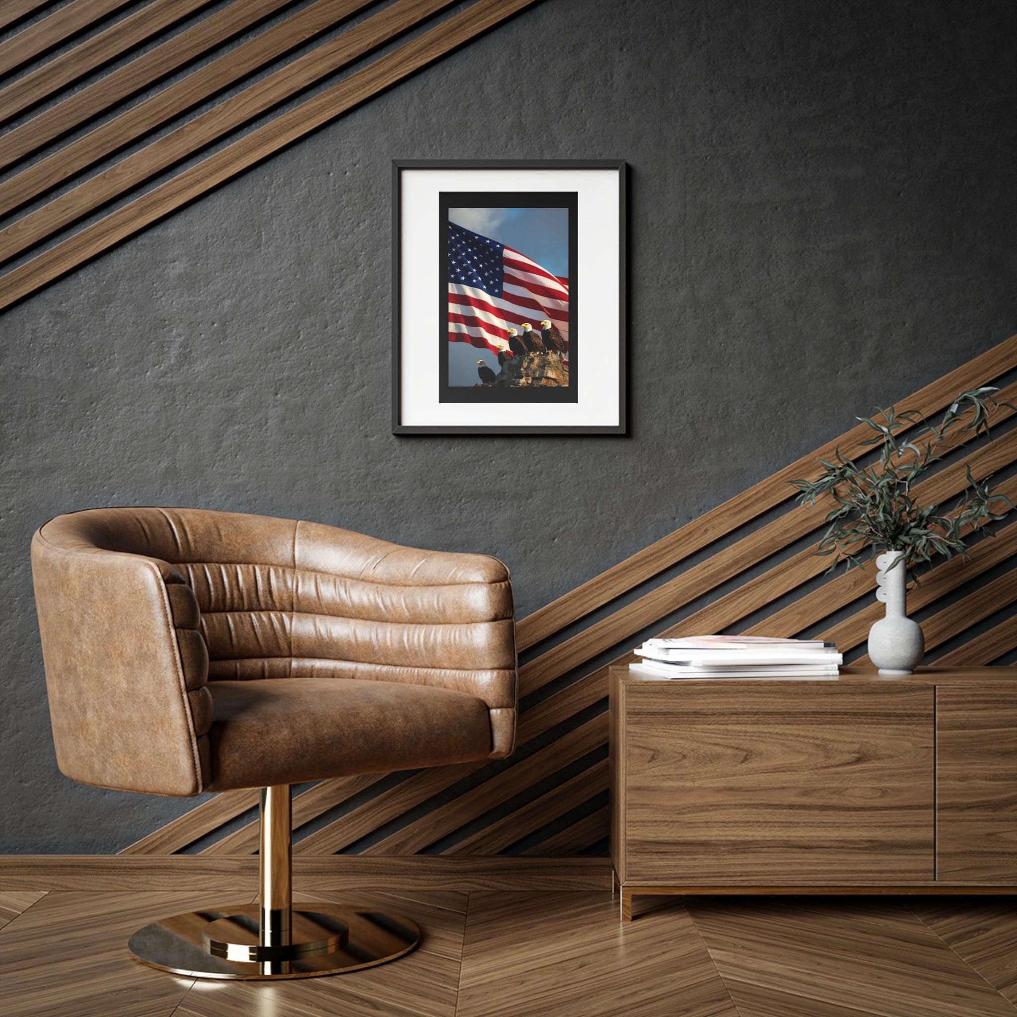 Framed Poster - Patriotic Bald Eagles & American Flag Wall Art (Matte)