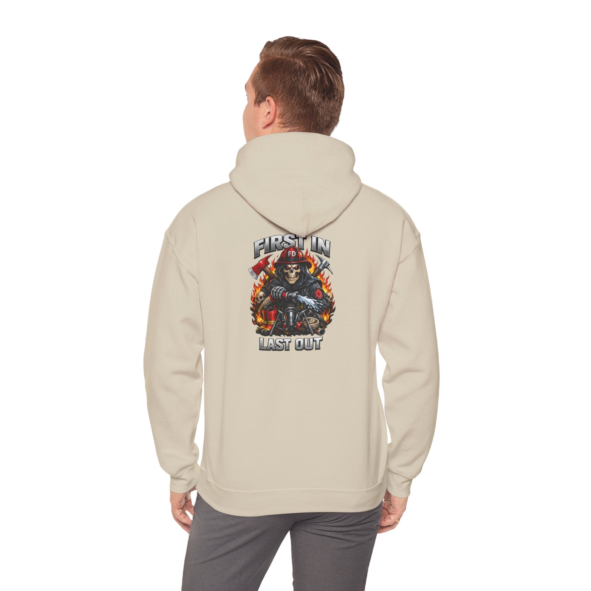 Fireman Skull Hoodie - "Fire In, Last Out" Firefighter Pullover
