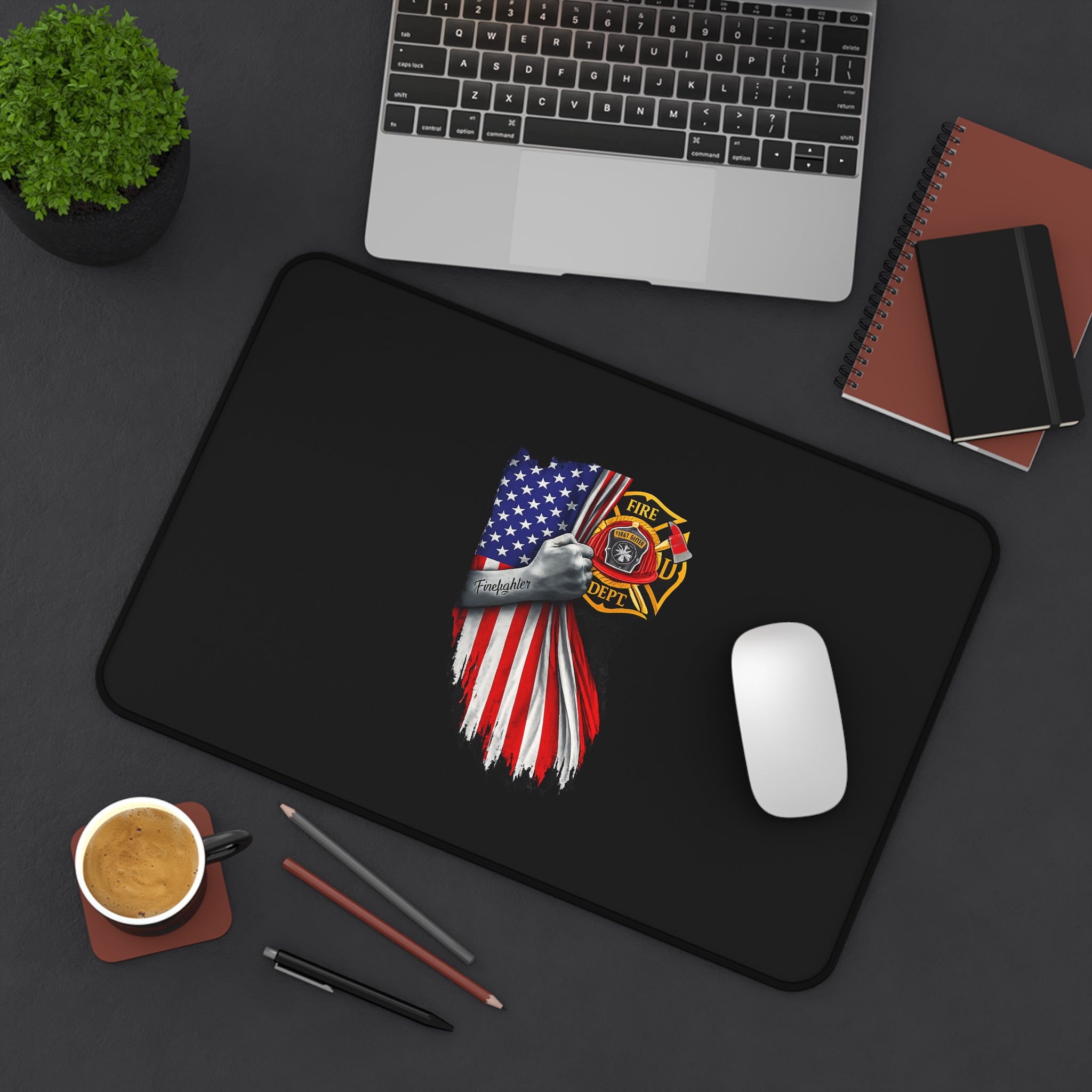 Firefighter American Flag Desk Mat — Thin Blue Line Tribute Mouse Pad