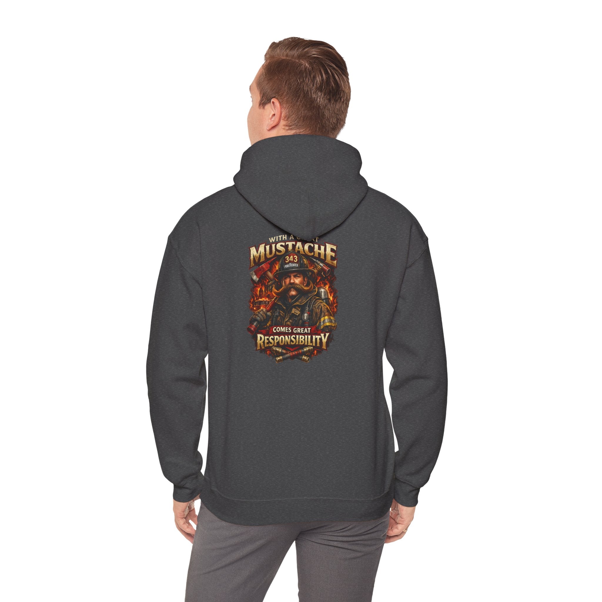 Hoodie - 'Mustache and Responsibility' Vintage Biker Fire Graphic Hooded Sweatshirt