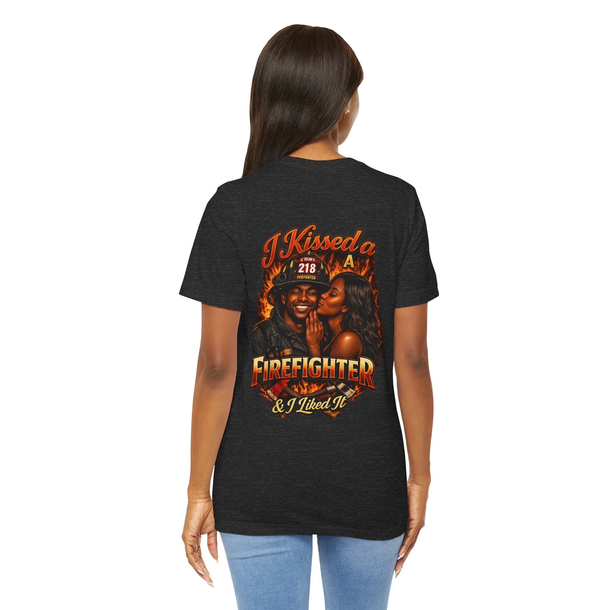 Firefighter Kiss T‑Shirt – "I Kissed a Firefighter & I Liked It" Back Print