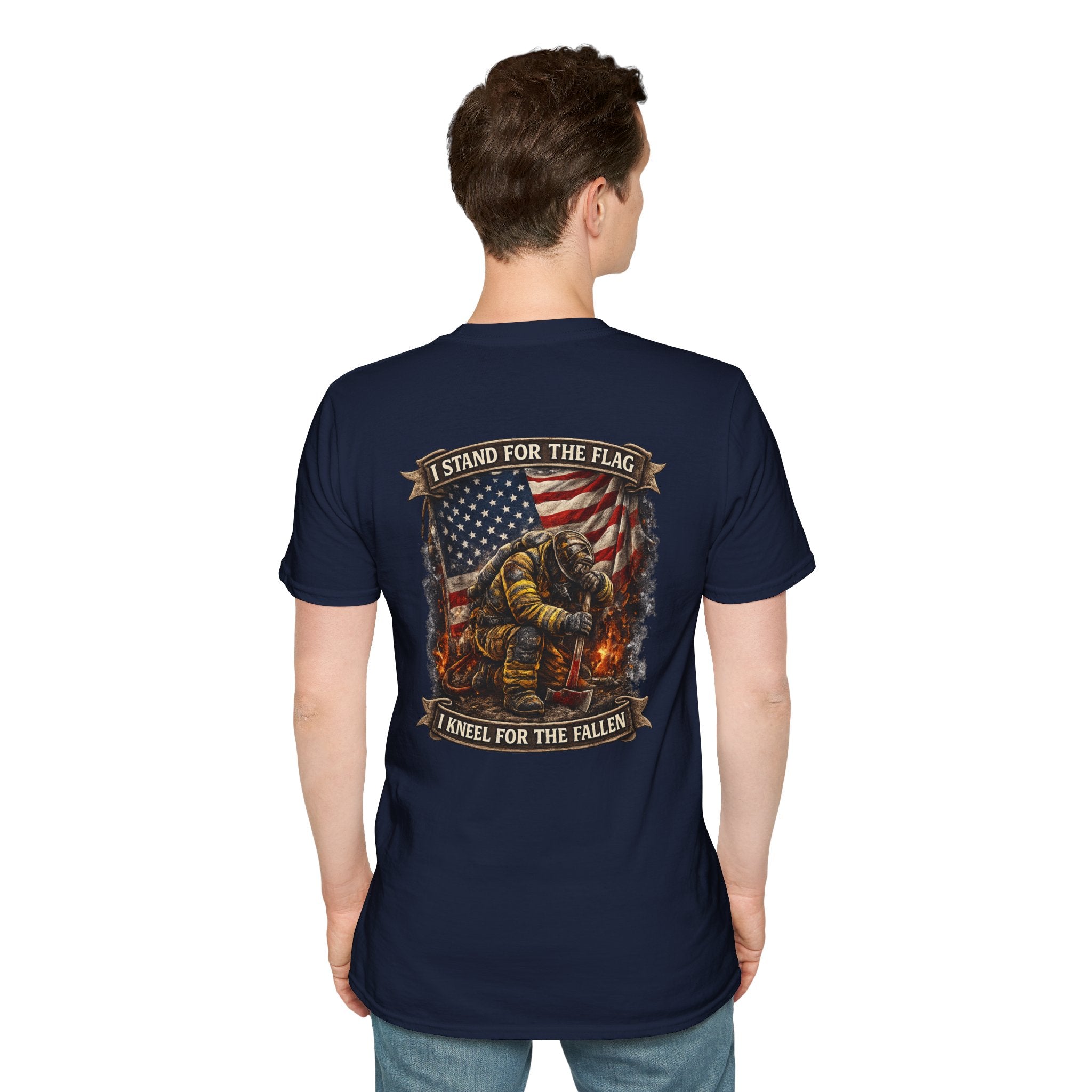 Patriotic Firefighter T-Shirt — "I Stand for the Flag, I Kneel for the Fallen"