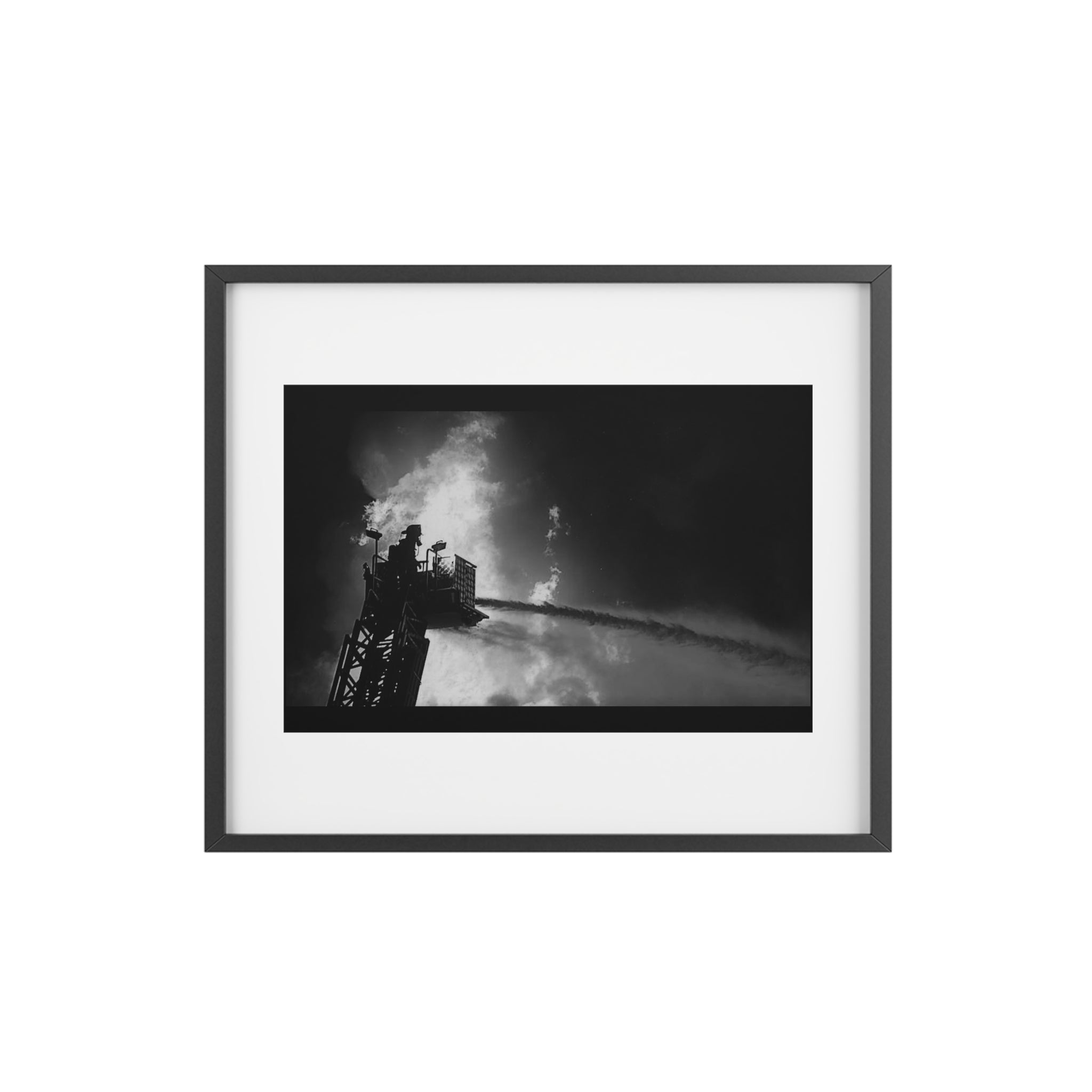 Framed Poster — Dramatic Black & White Firefighter Ladder Photo (Matte)