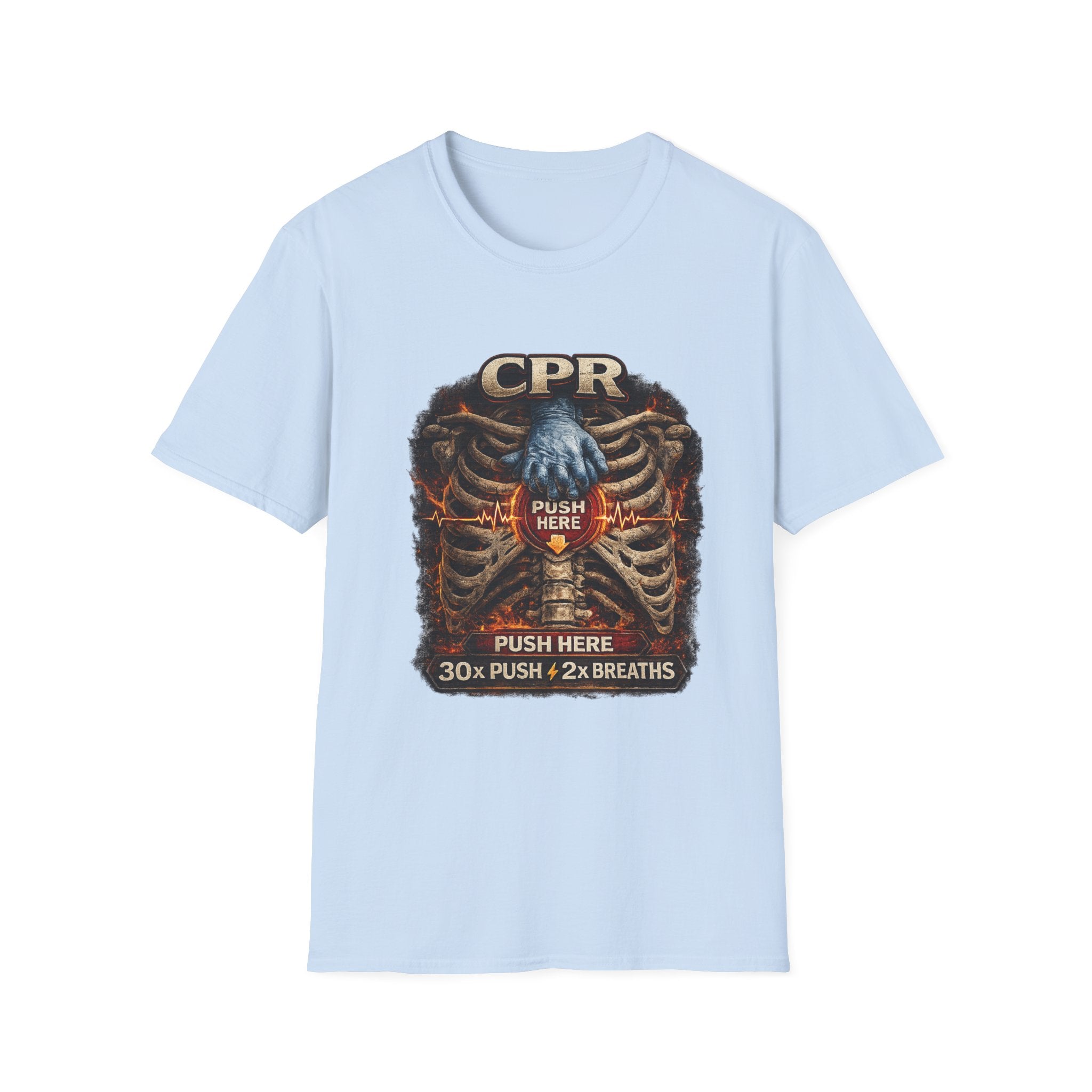 CPR Instruction T-Shirt — Ribcage Graphic with "Push Here: 30x Push + 2x Breaths"