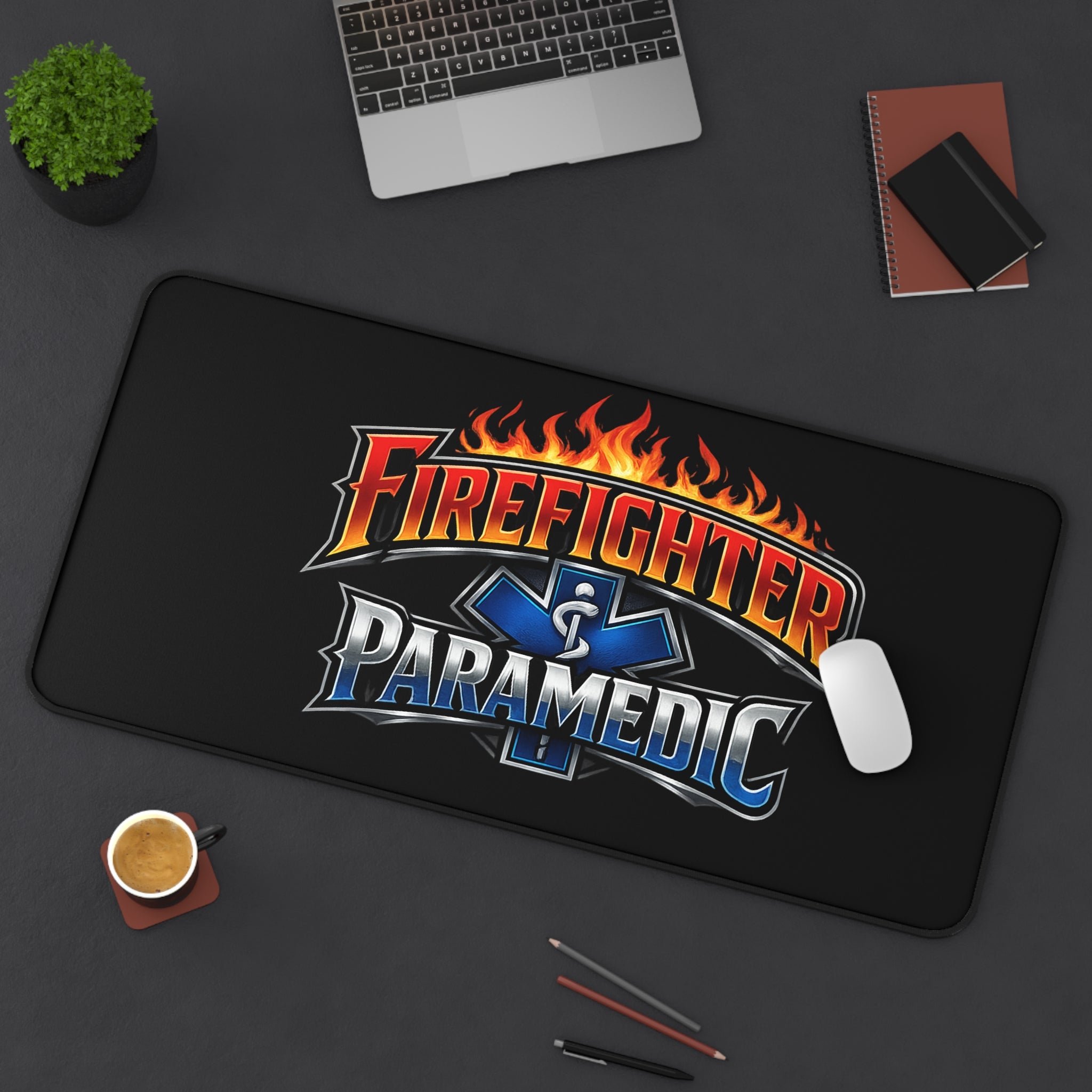 Firefighter Paramedic Desk Mat — Flame Logo Gaming & Work Mouse Pad
