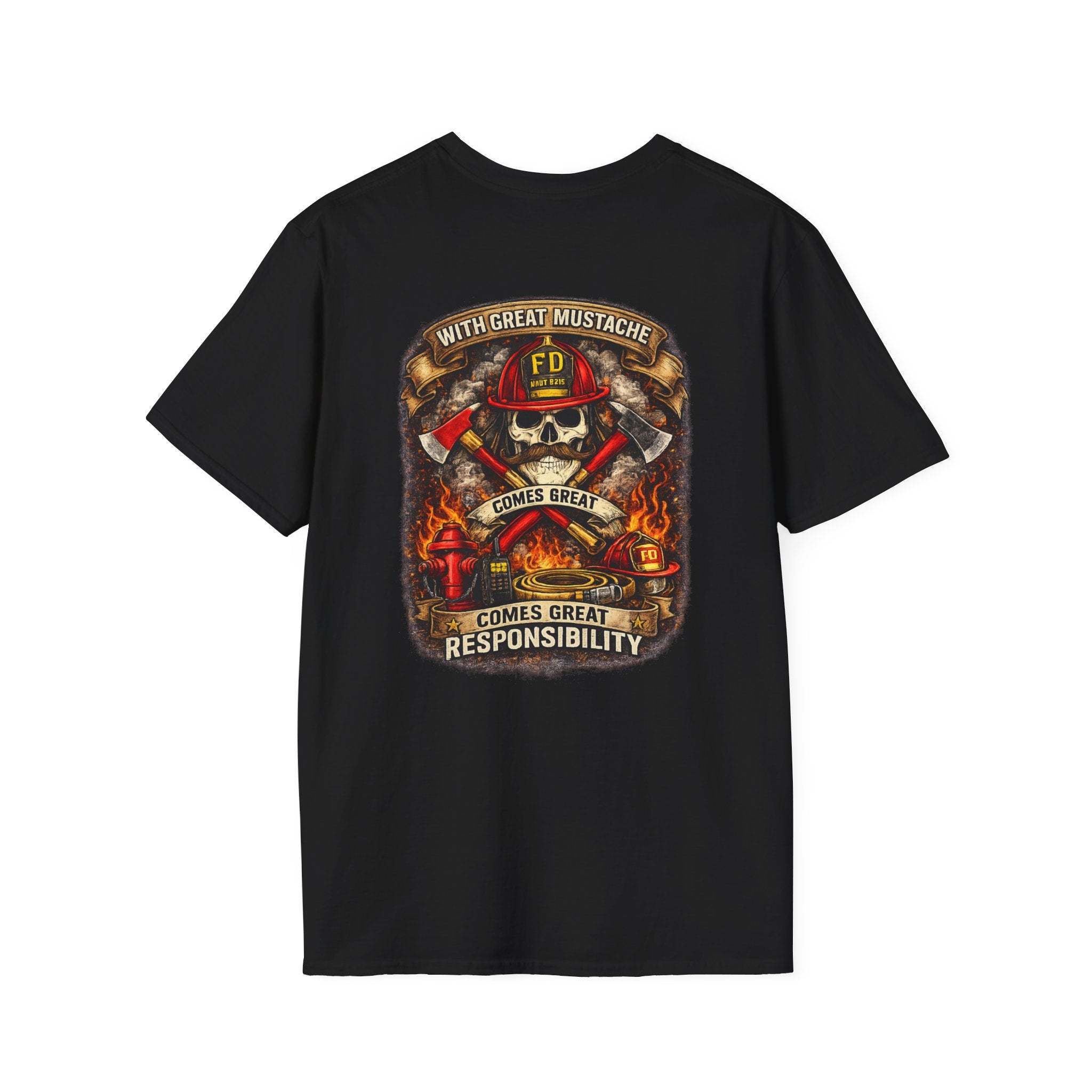 Firefighter Skull T-Shirt — “With Great Mustache Comes Great Responsibility” Graphic Tee
