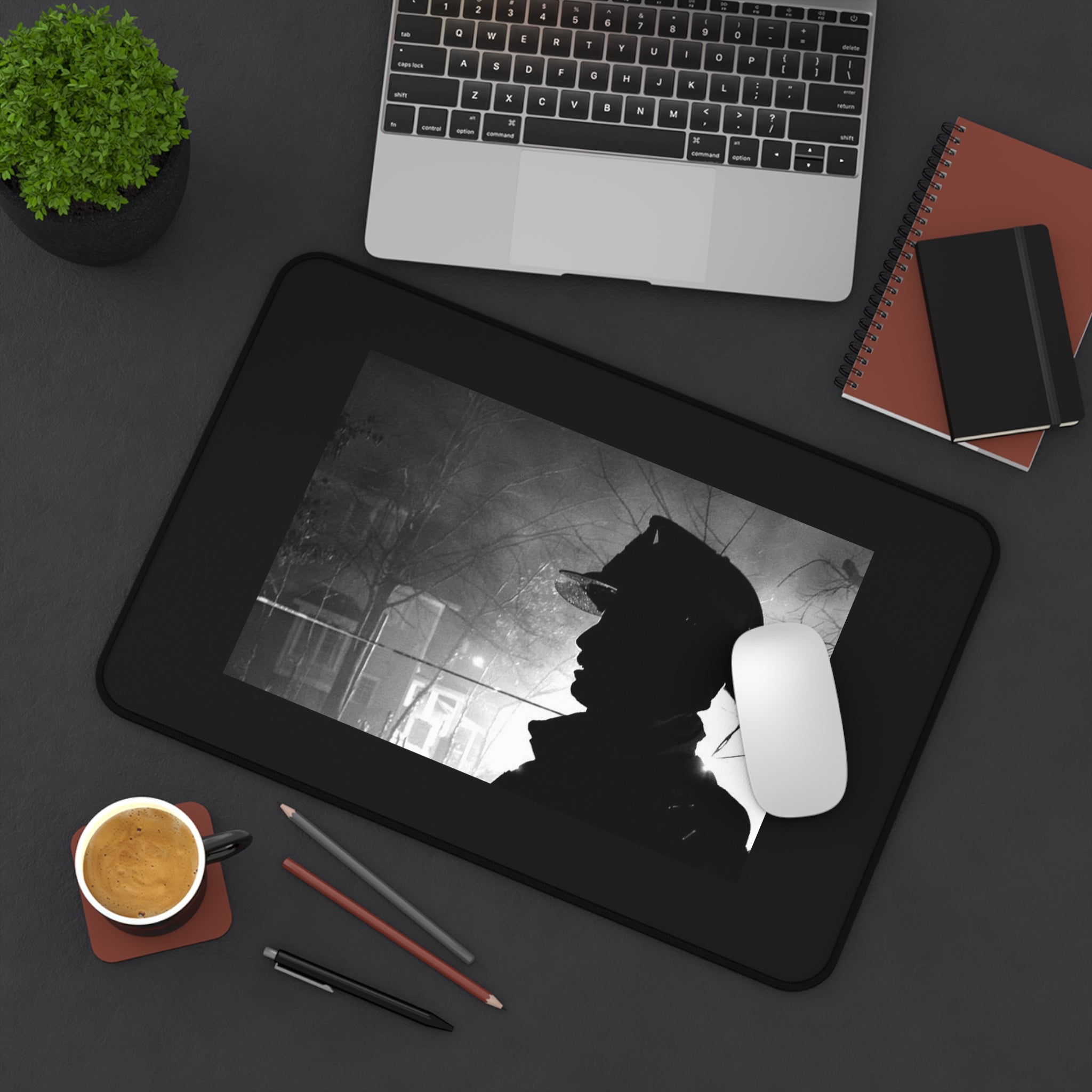 Firefighter Silhouette Desk Mat – Black & White Emergency Hero Mouse Pad