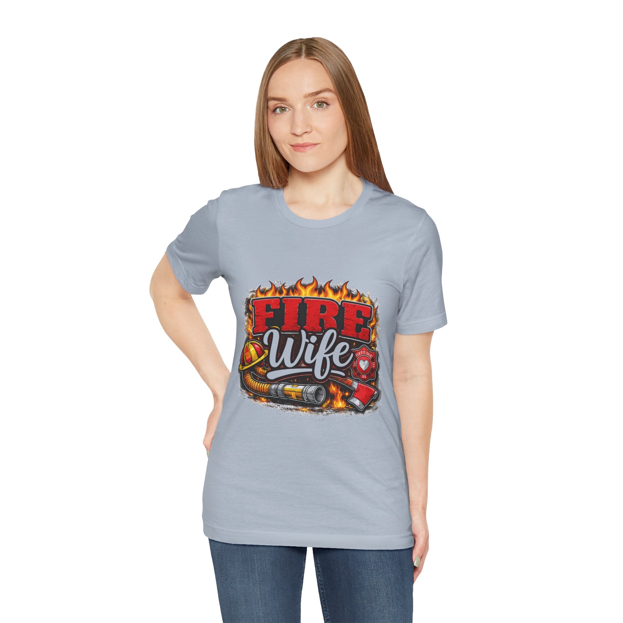 Fire Wife T-Shirt – Firefighter Spouse Tee with Helmet, Hose & Flames